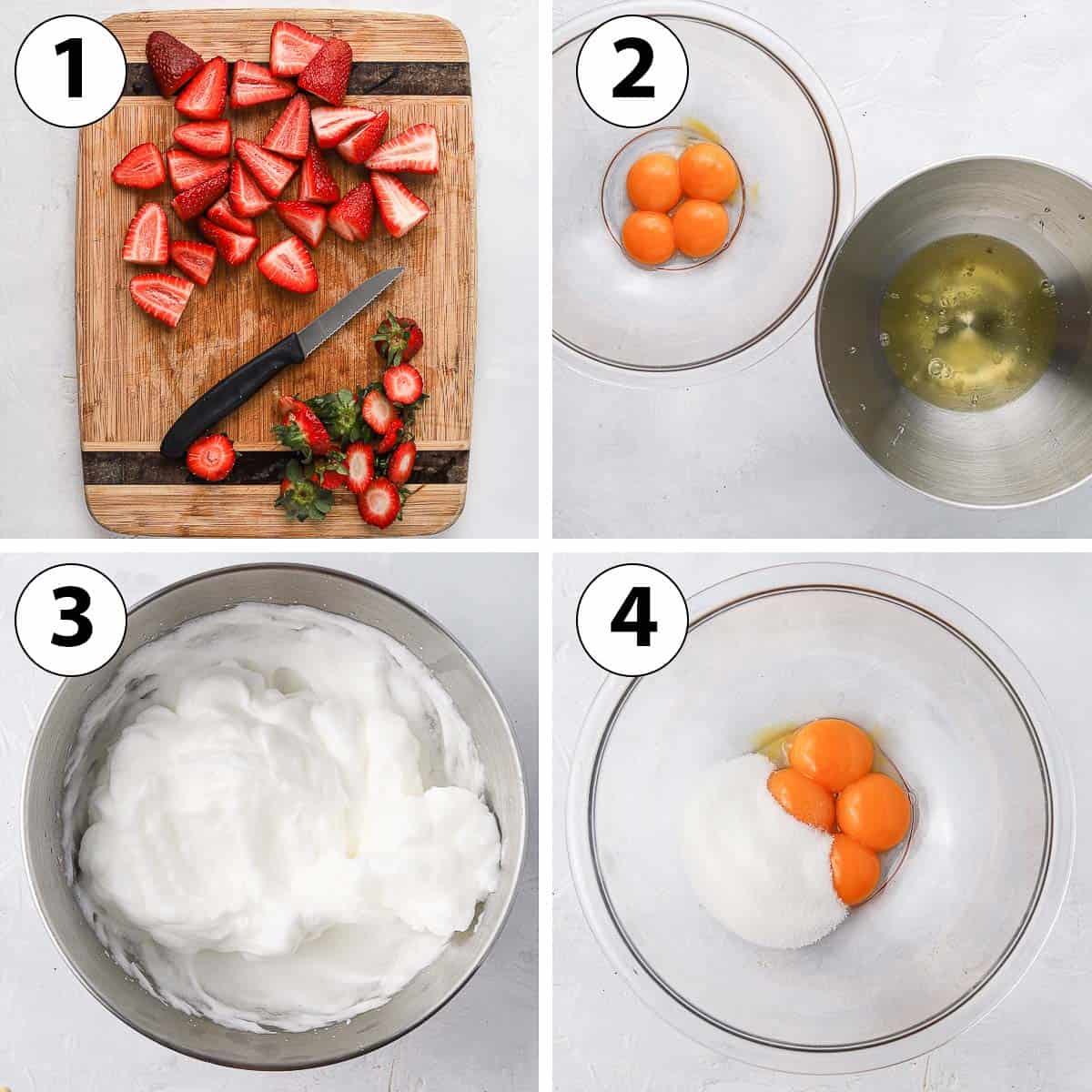 Process Shot Collage: cutting the strawberries and separating the eggs.