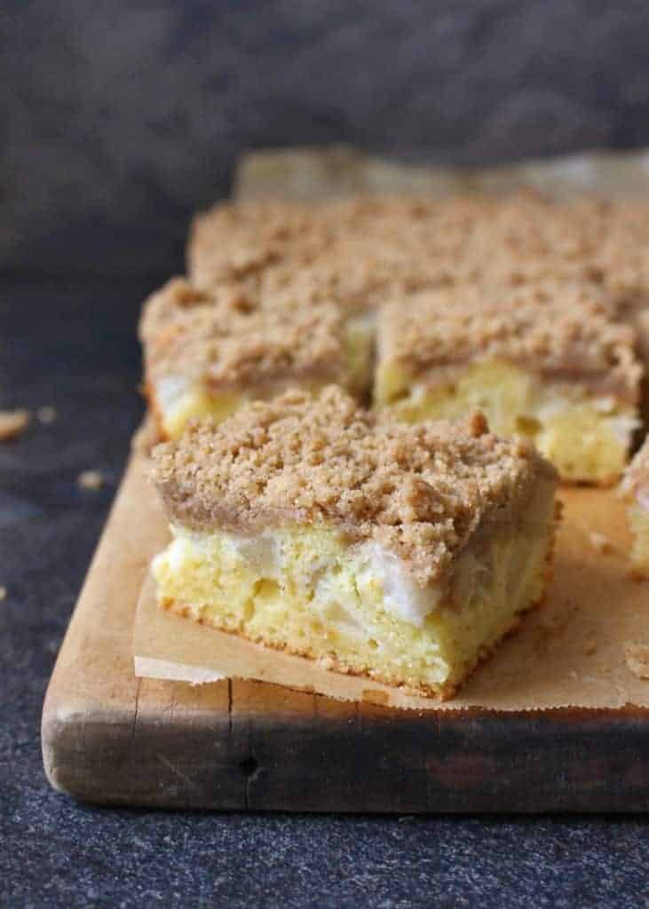 Sliced cake on a cutting board.