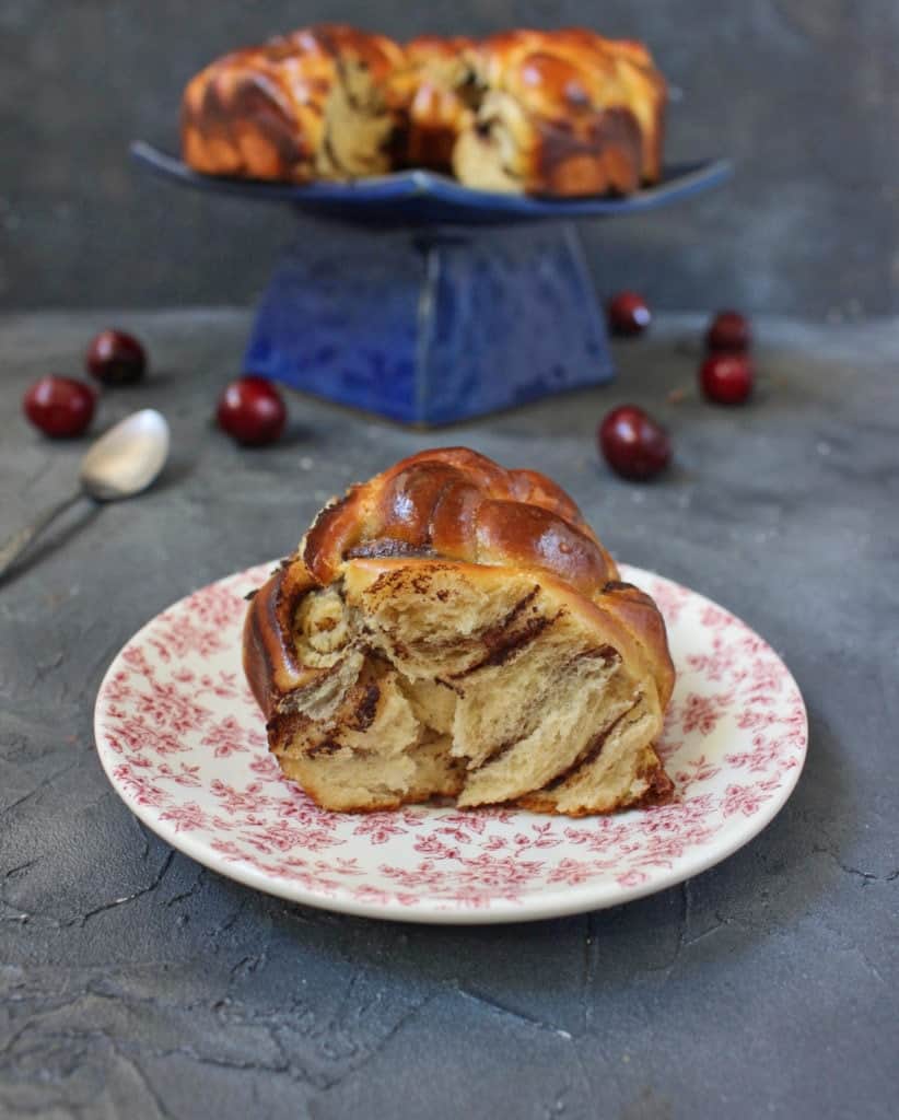 One chocolate bun on a pink plate