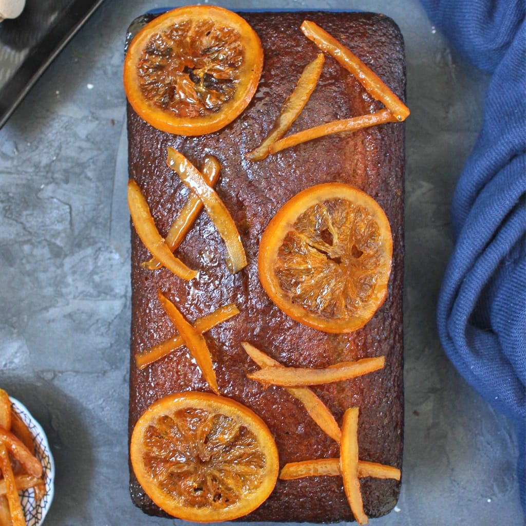 Honey Cake from above next to a blue towel