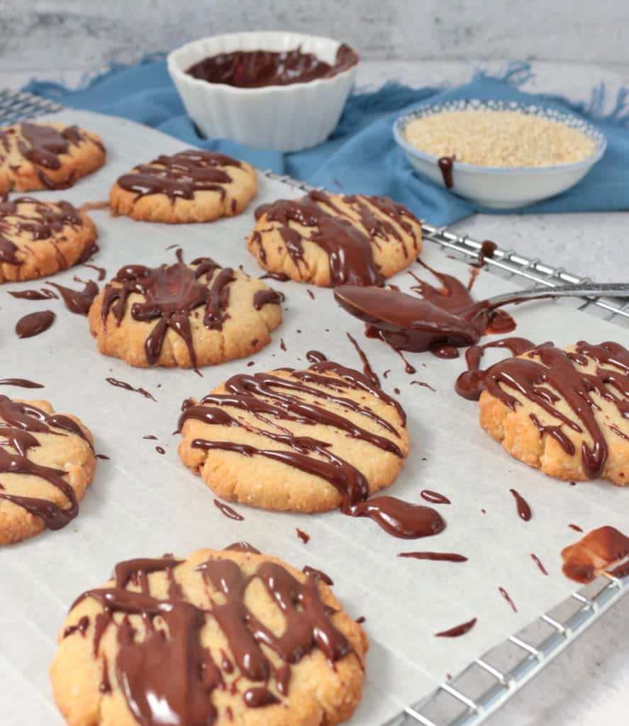 Almond Tahini Cookies drizzled with Dark Chocolate Ganache