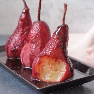 Close up on the Spiced Poached Pears in Red Wine