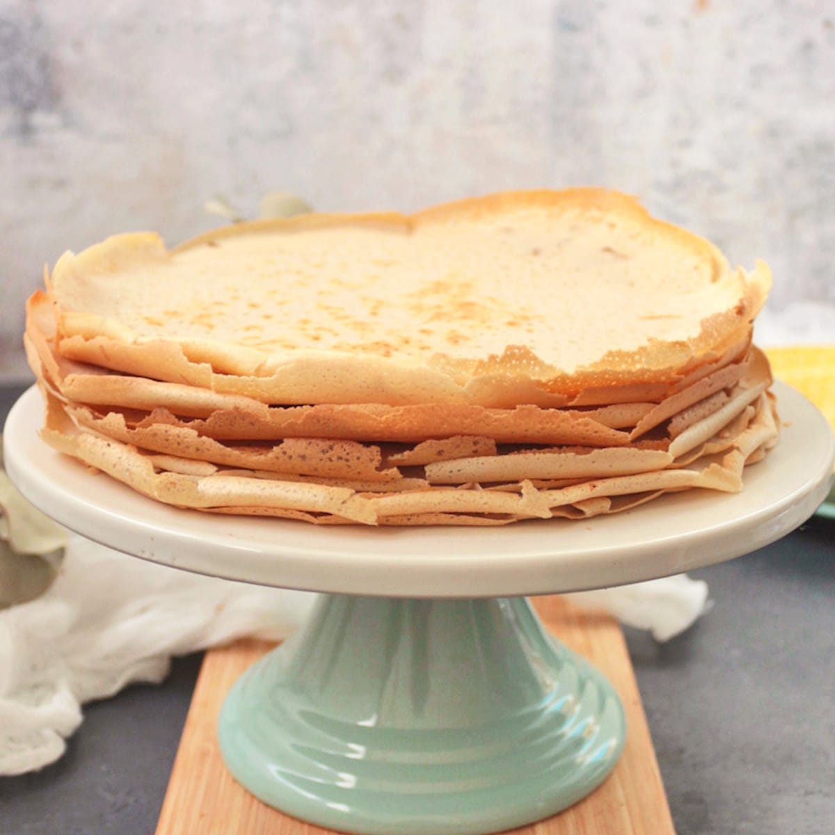 Buckwheat Crepes on a cake stand