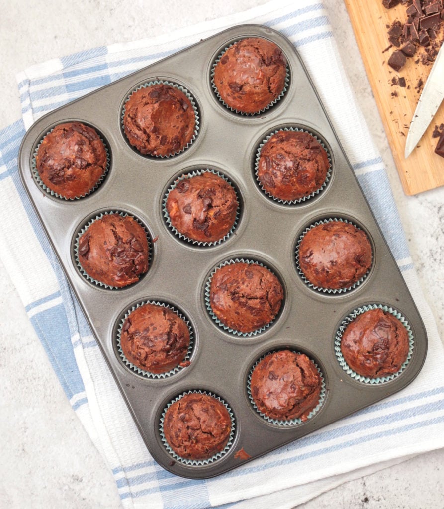 Choc Zucchini Muffins from above in the baking tin