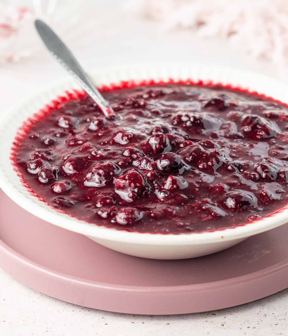 Close up on the compote inside a white bowl with a silver spoon.