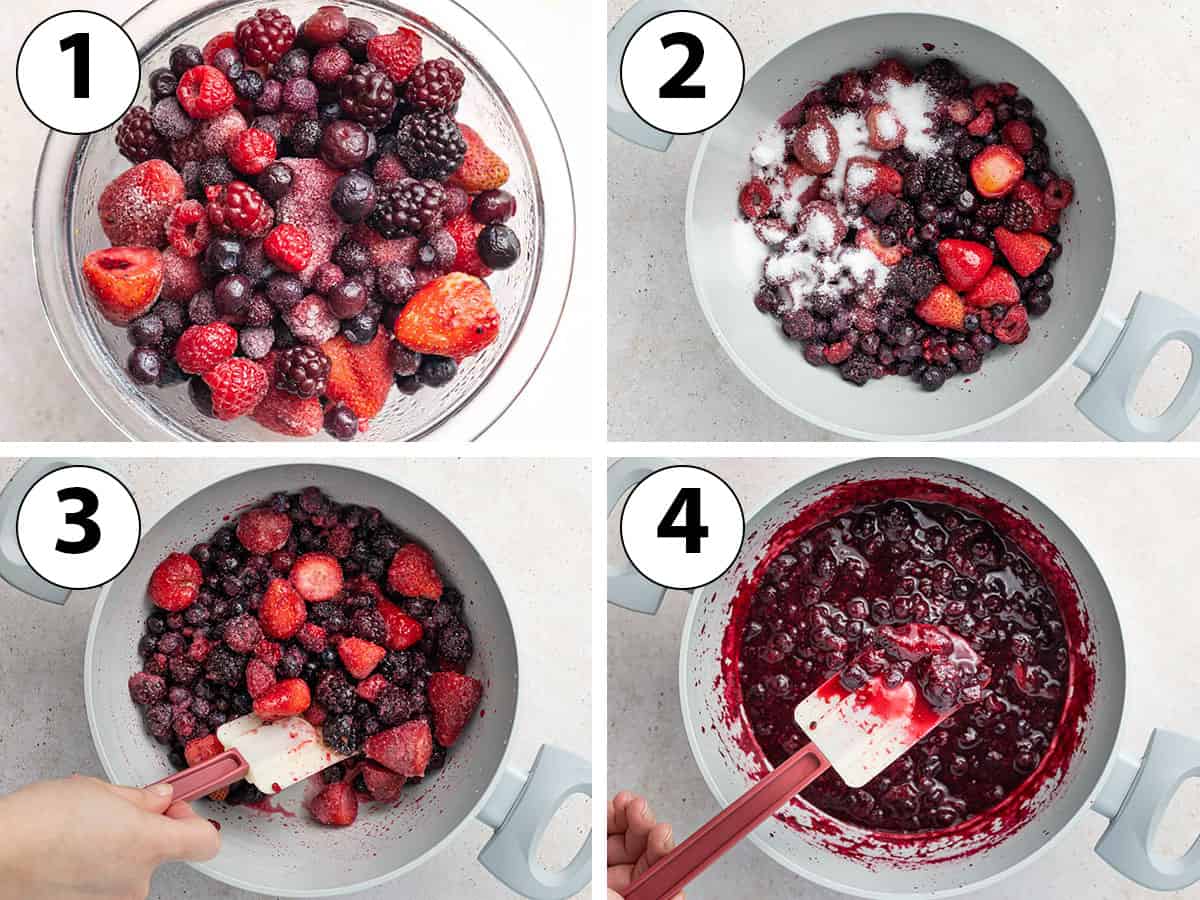 Process shot collage showing the cooking of the fruits in a saucepan until soft.