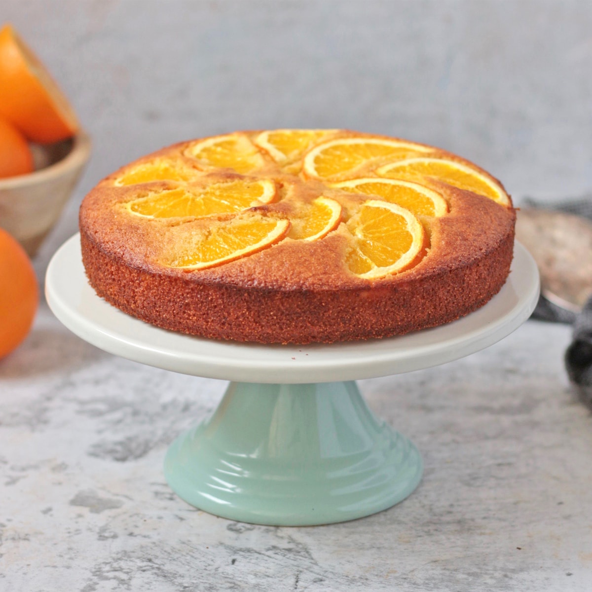 Semolina Cake on a white and green cake stand