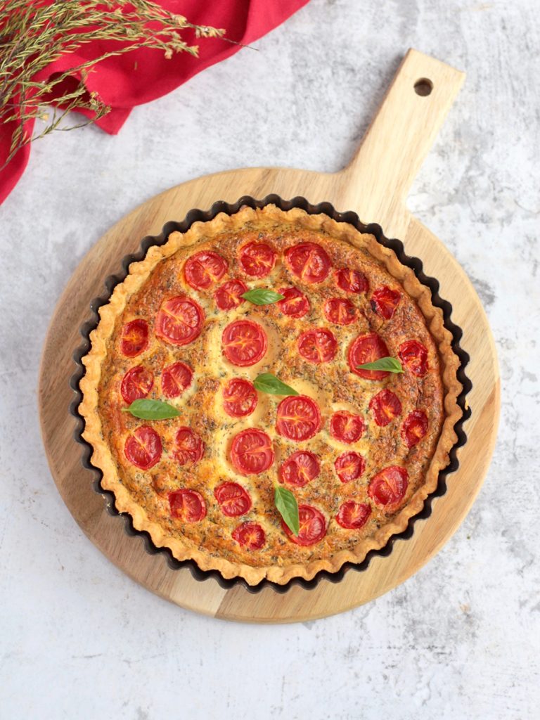 Flat-Lay of the Cheese Quiche with Cherry Tomatoes