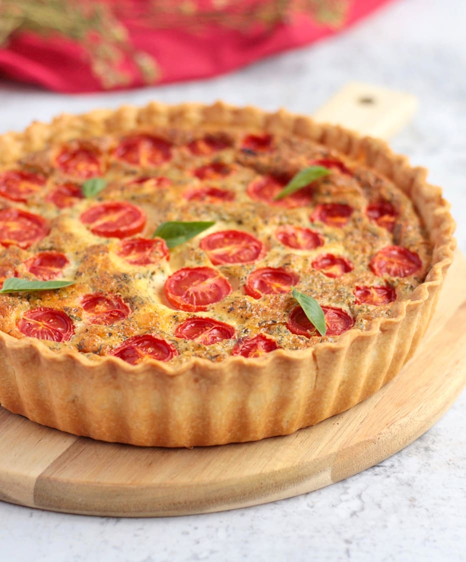 Tomato Quiche on a Wooden Serving Board