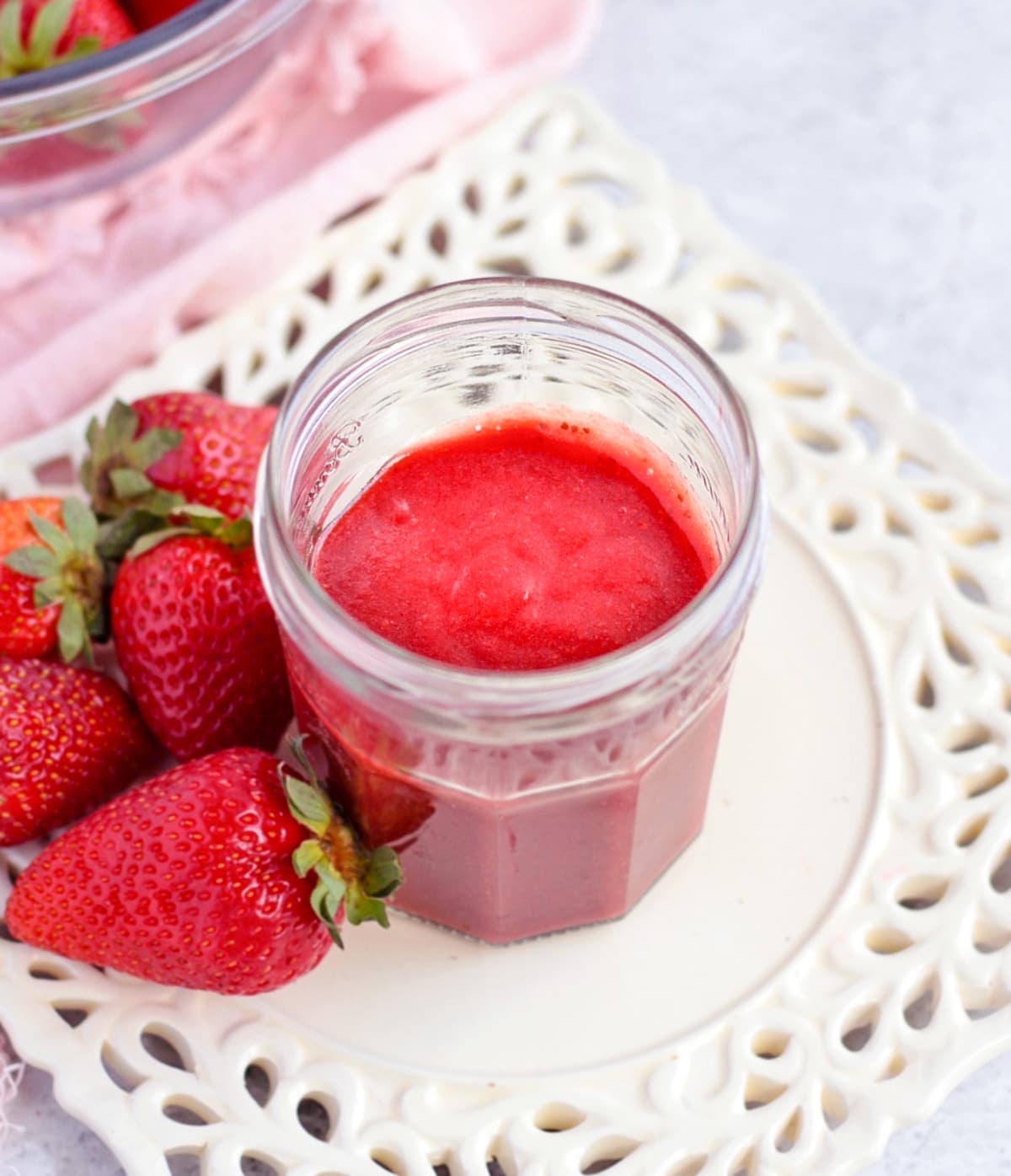 Strawberry Sauce in a jar from above.