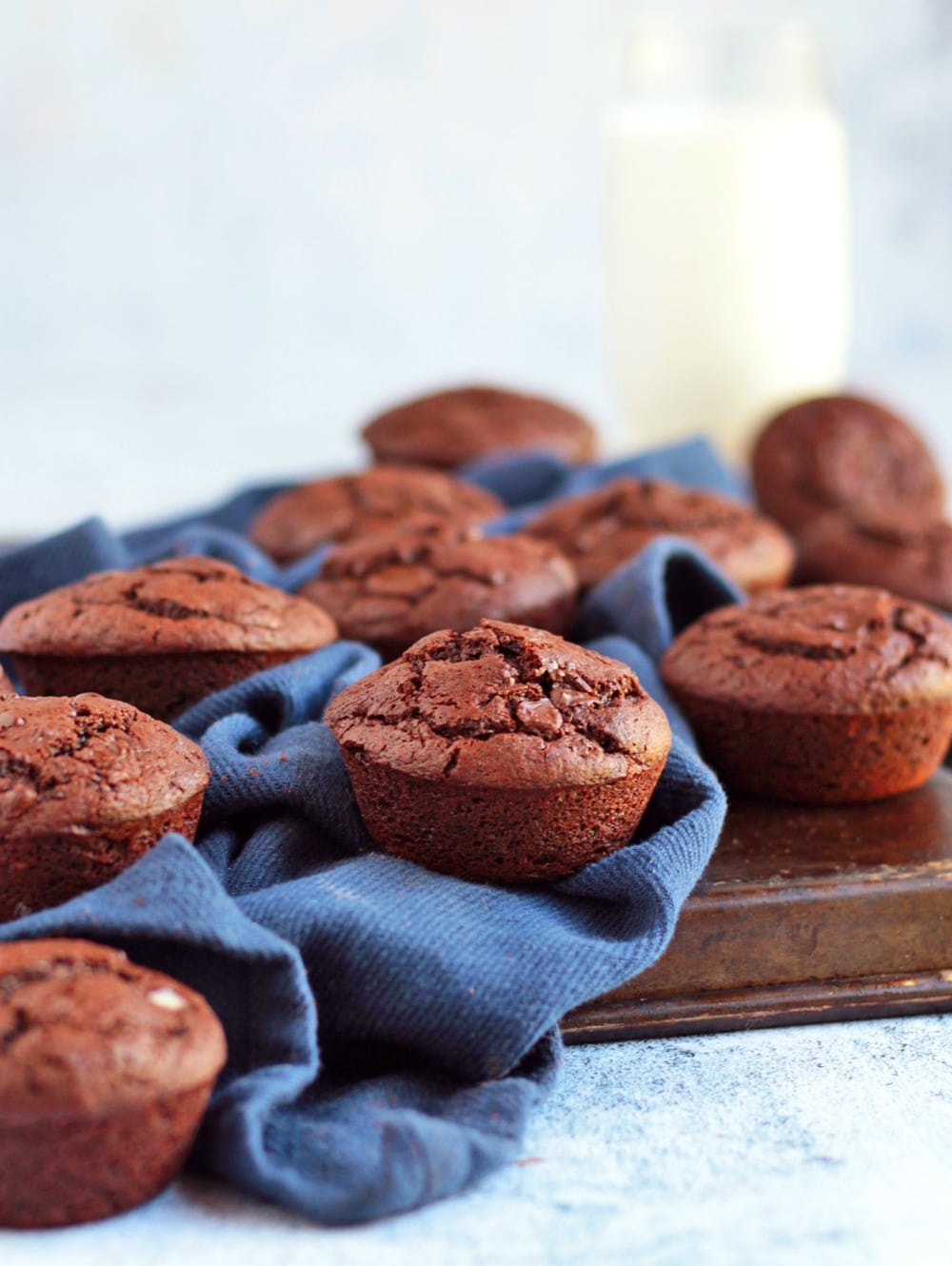 Chocolate Muffins on a tray with a glass of milk.