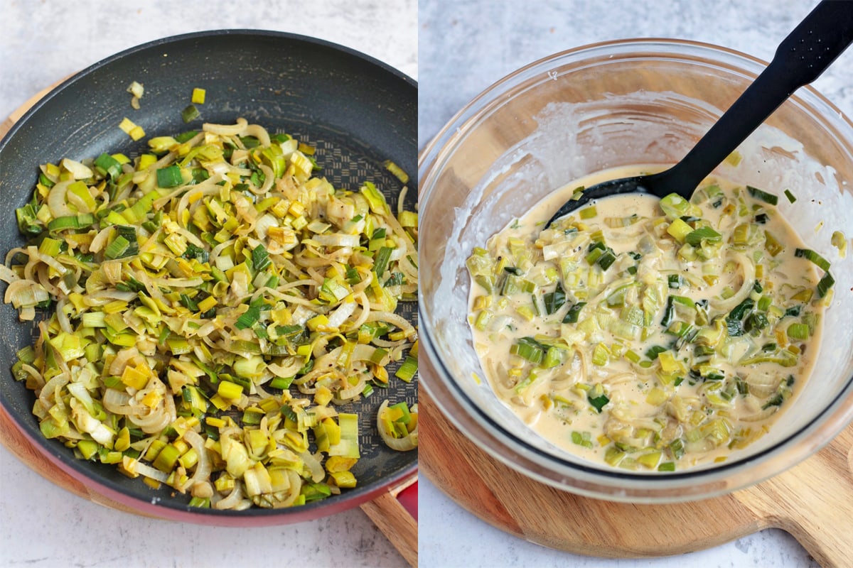 Process shots: preparing the filling in the pan and inside a bowl.