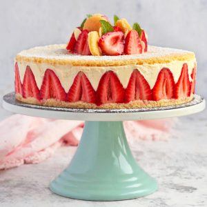 Fraisier Cake on a Green Cake Stand