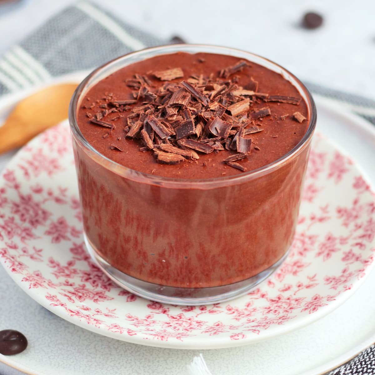 Close up on the chocolate mousse with chocolate shavings.