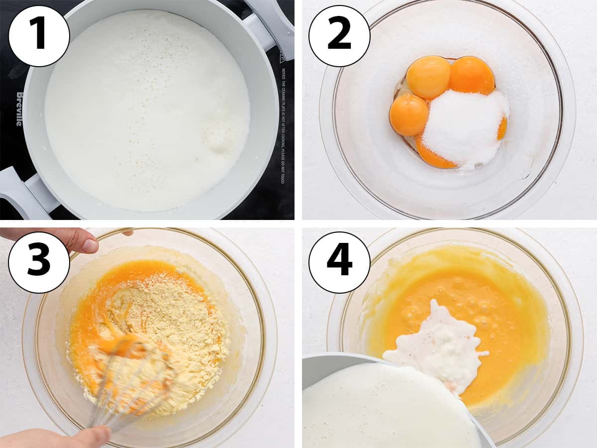 Process Shot Collage: heating up the milk, mixing the egg yolks with sugar and cornstarch then combining the two.