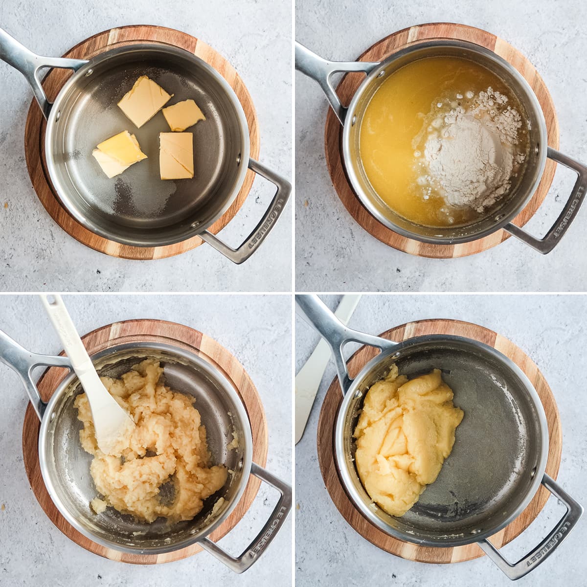 Making choux pastry process collage: making the choux pastry in the pan.