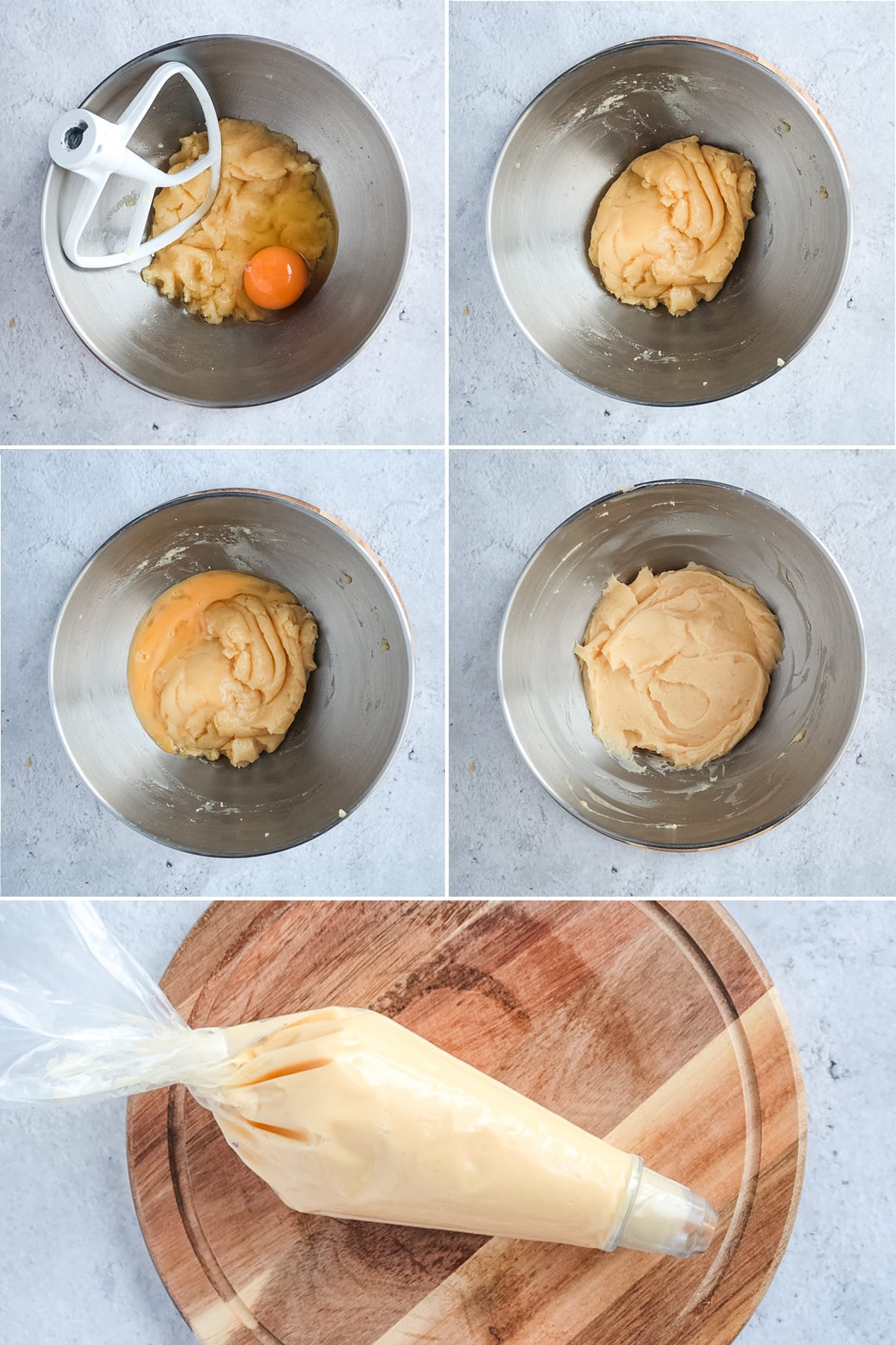 Making choux pastry process collage: adding the eggs to the batter.