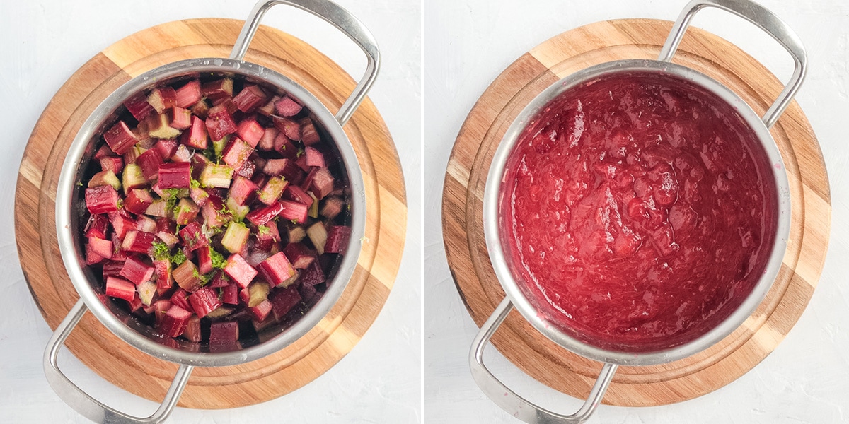 Process shot: before and after cooking the fruit in a pot