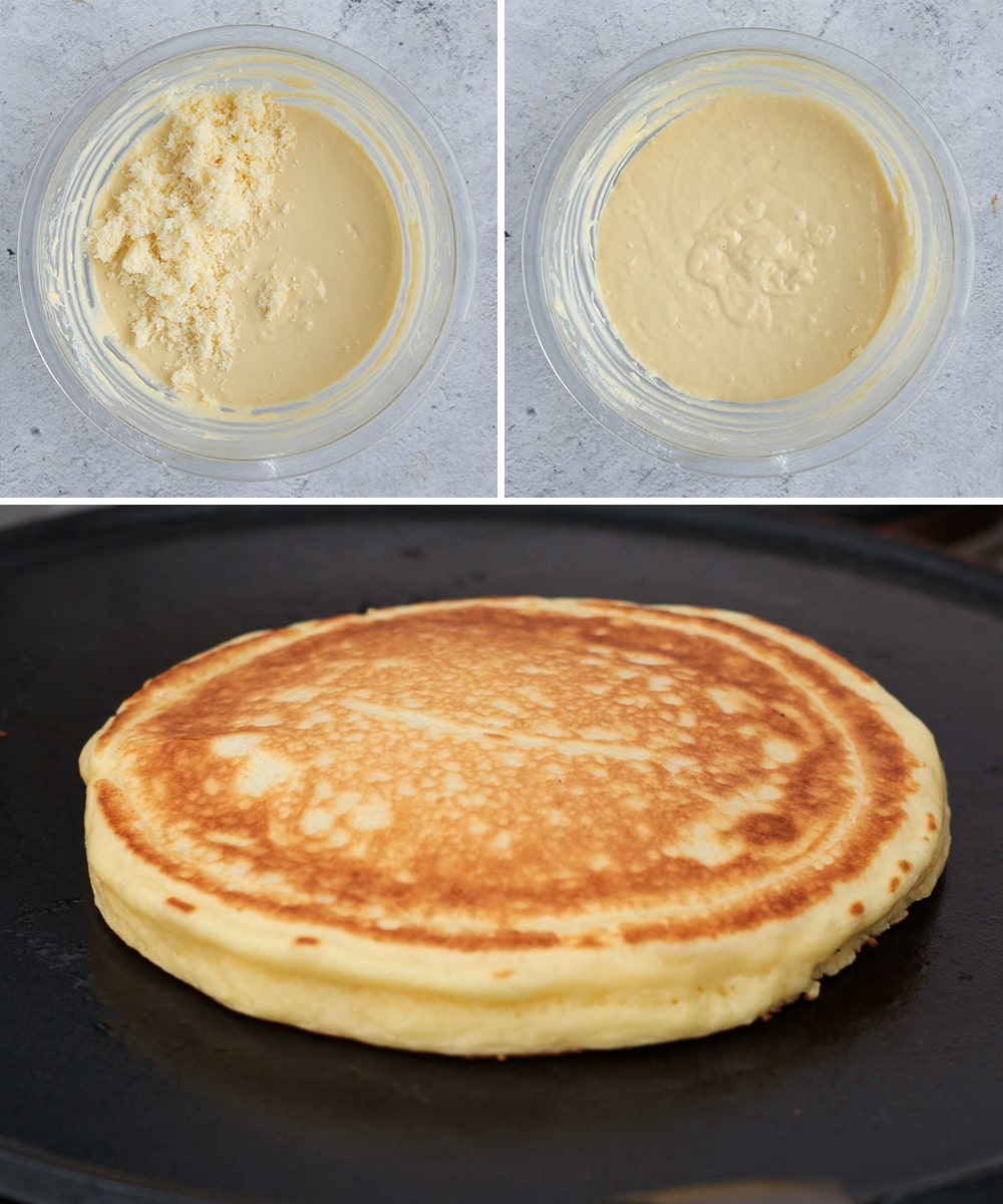 Process Shots: adding the cheese and cooking the pancakes in a pan