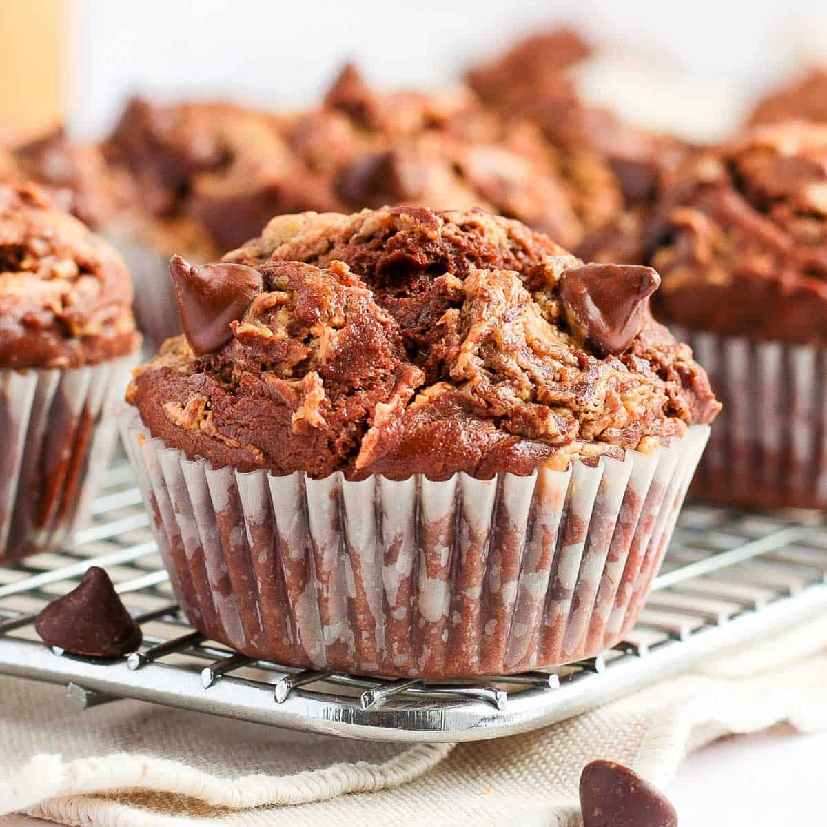 Close up on a muffin over a cooling rack.