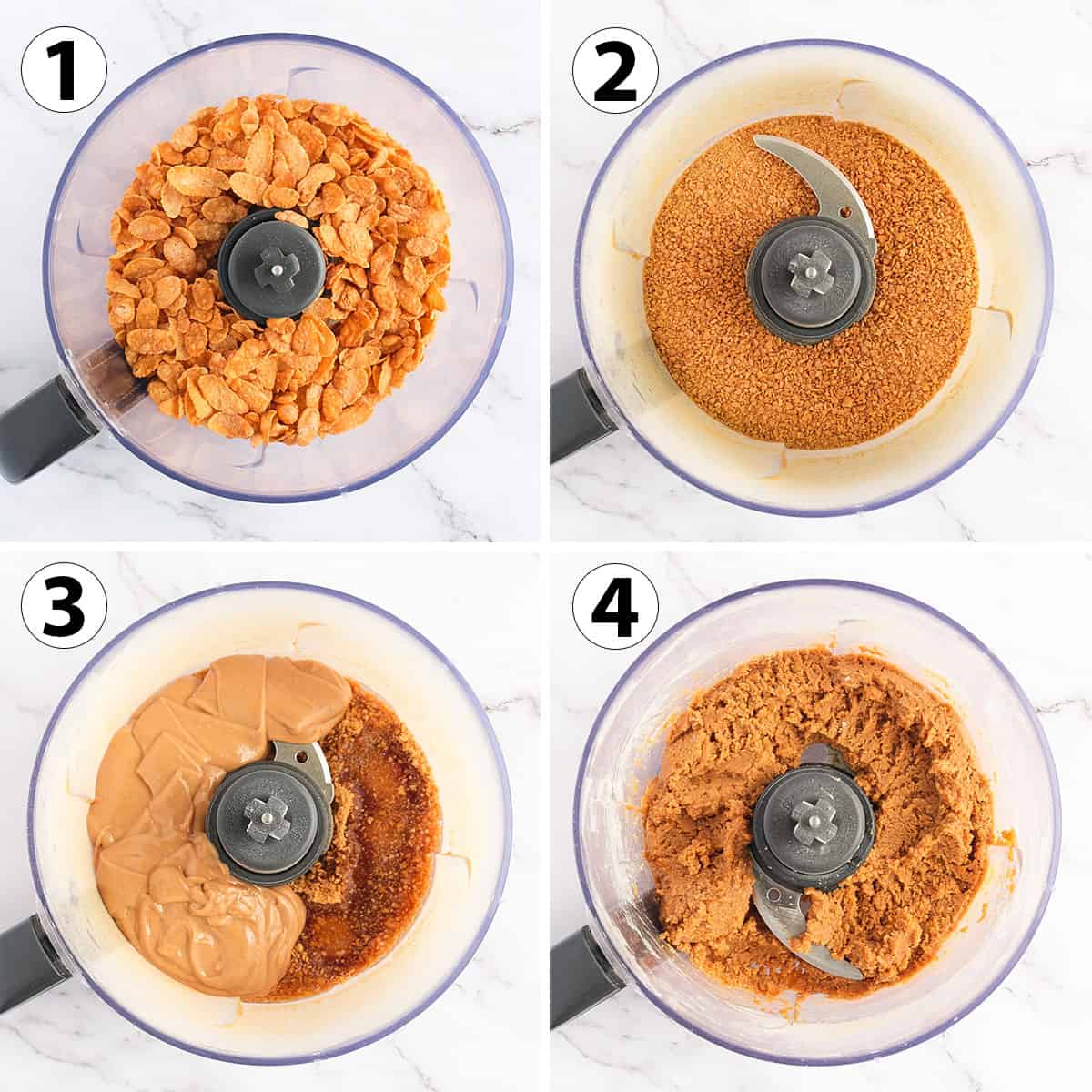 Process Shot Collage: making the crunchy peanut butter filling in the food processor.