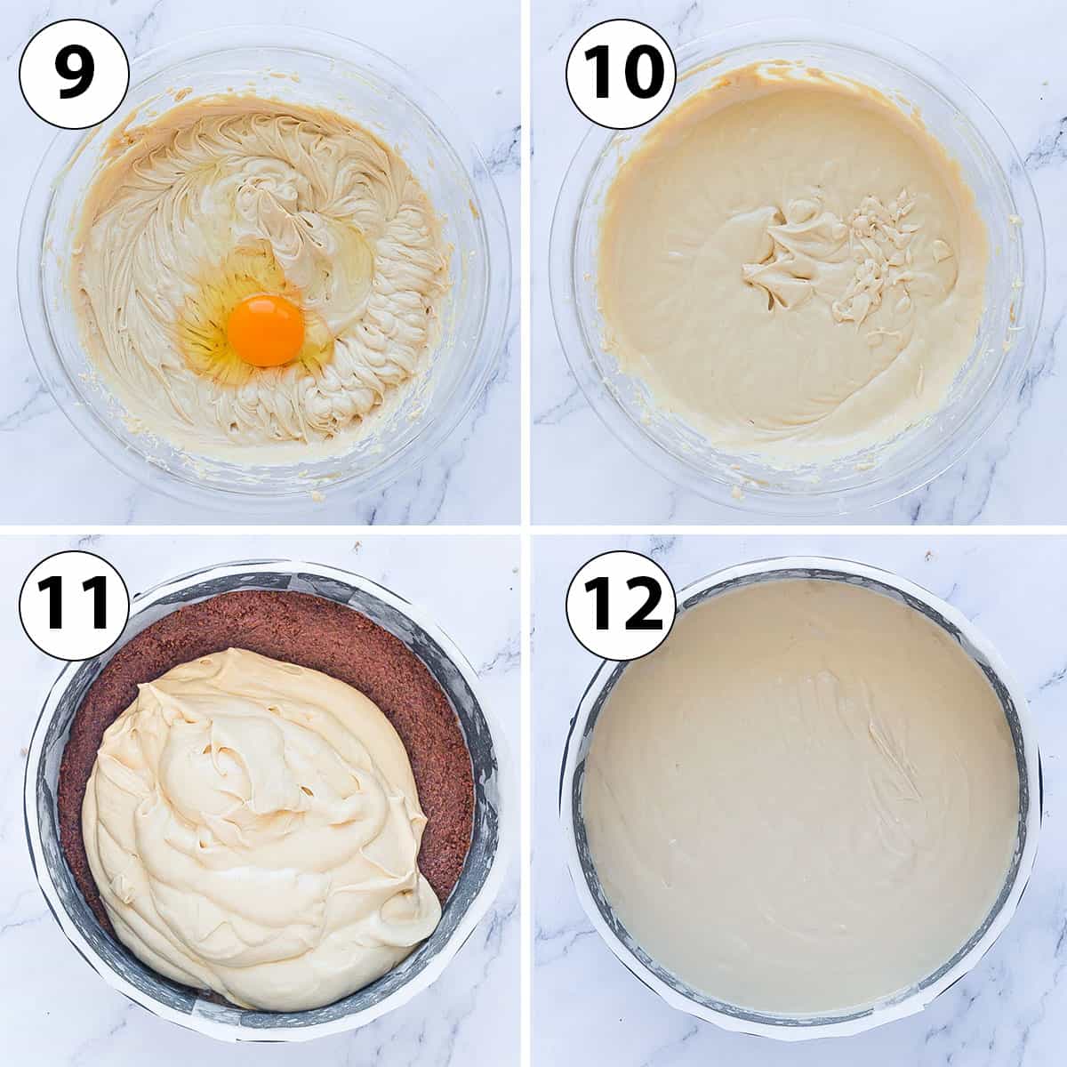 Process Shot Collage: adding the eggs and pouring the cheesecake into springform pan.