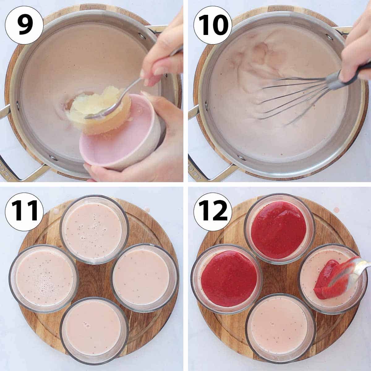 Process Shot Collage: adding the gelatine and pouring the cream in the serving glasses.