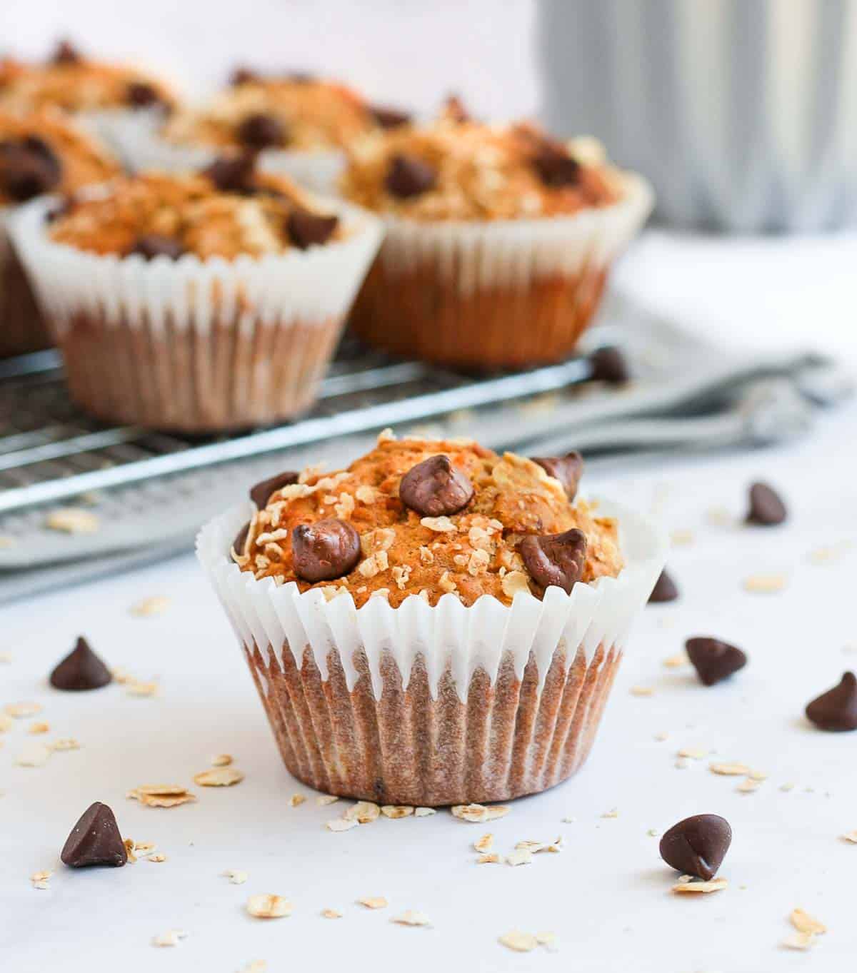 One cake in a white surface surrounded with oats and chocolate chips.