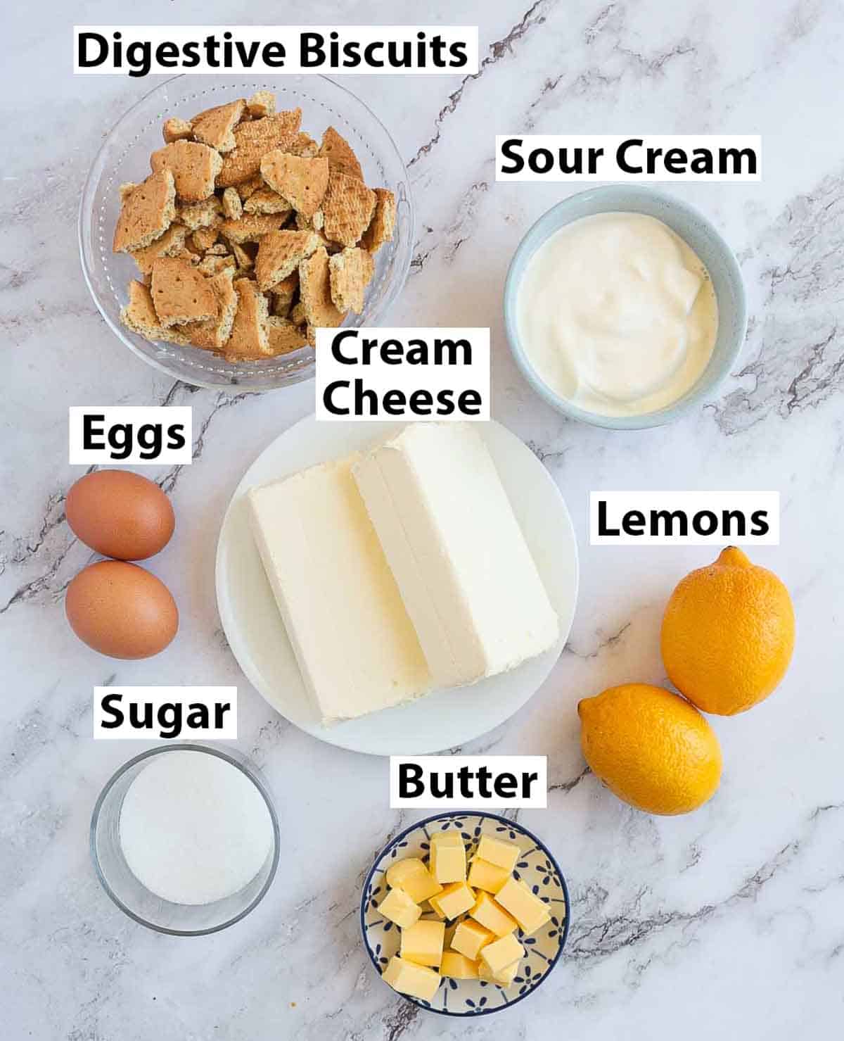 Recipe ingredients placed on a marble surface.