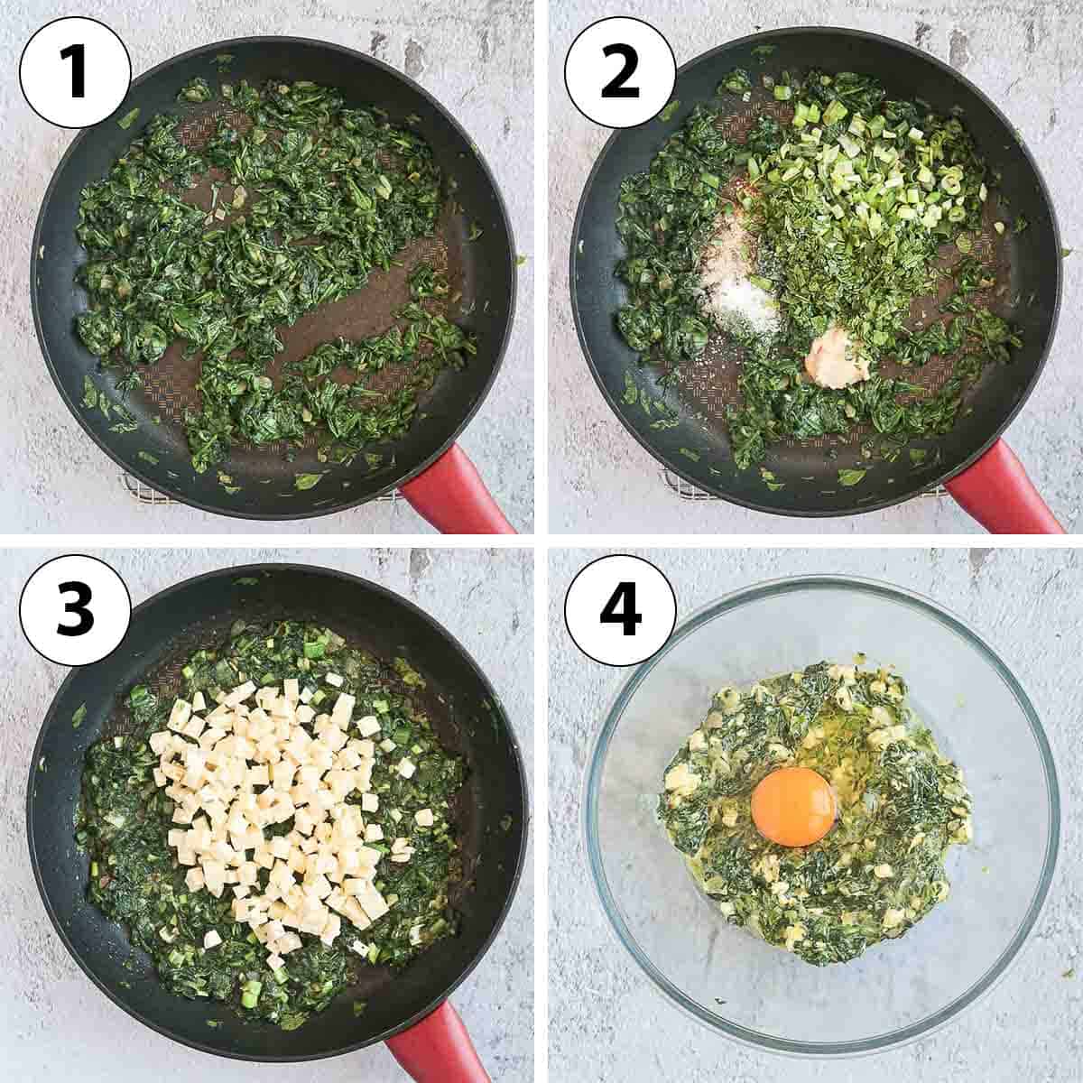 Process Shot Collage: making the spinach and feta filling.