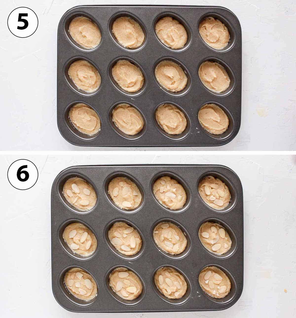 Process Shot Collage: placing the batter in the pan and adding flaked almonds.