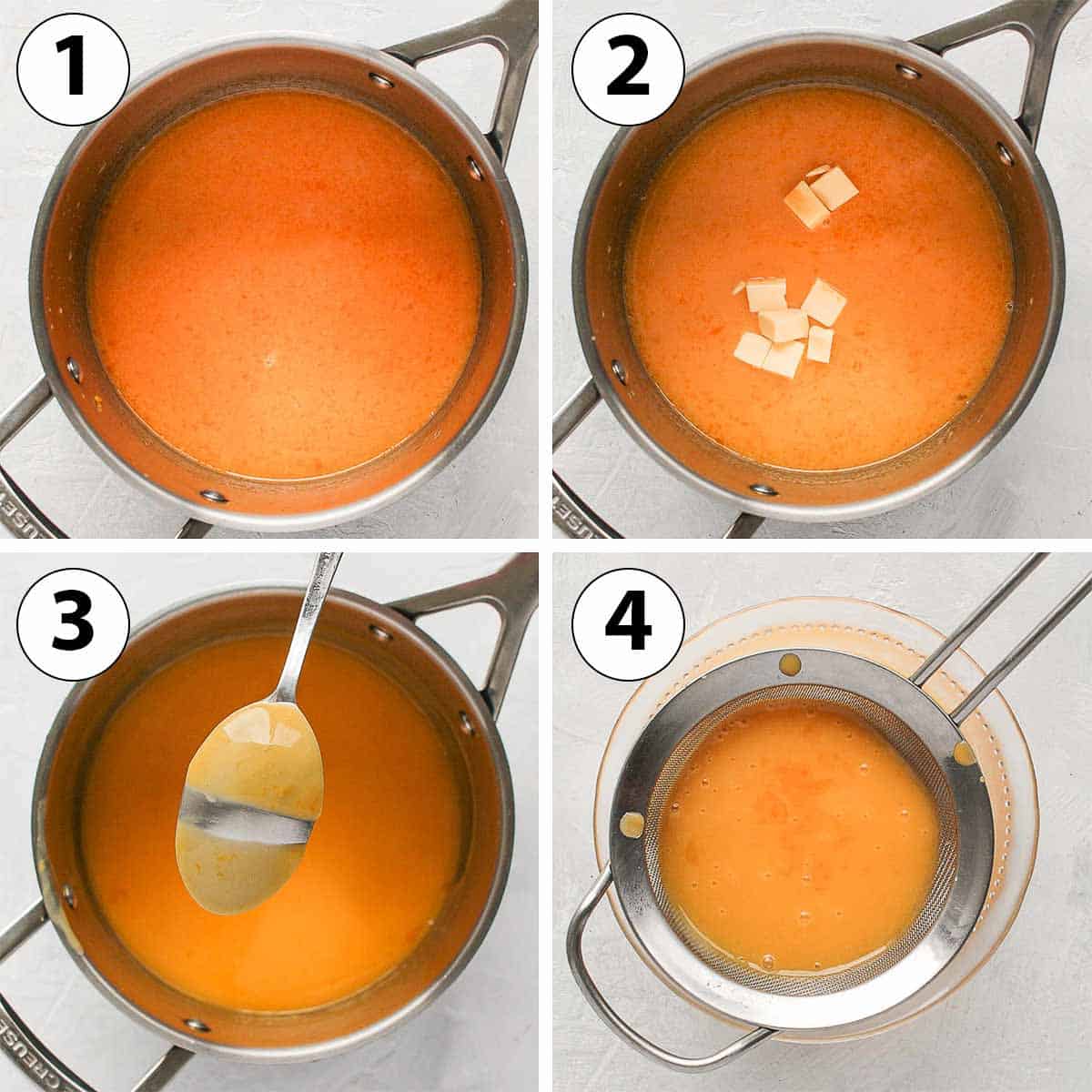  Prozess Schuss Collage: Herstellung der orange Quark in einem Topf.