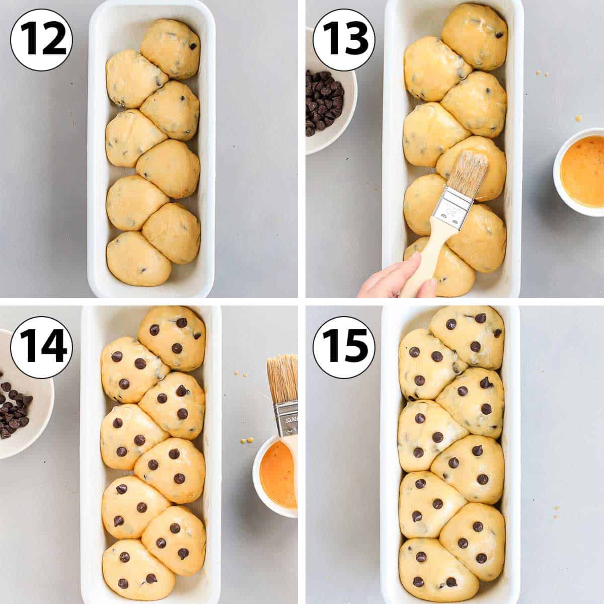 Process Shot Collage: assembling the brioche rolls in a loaf pan.