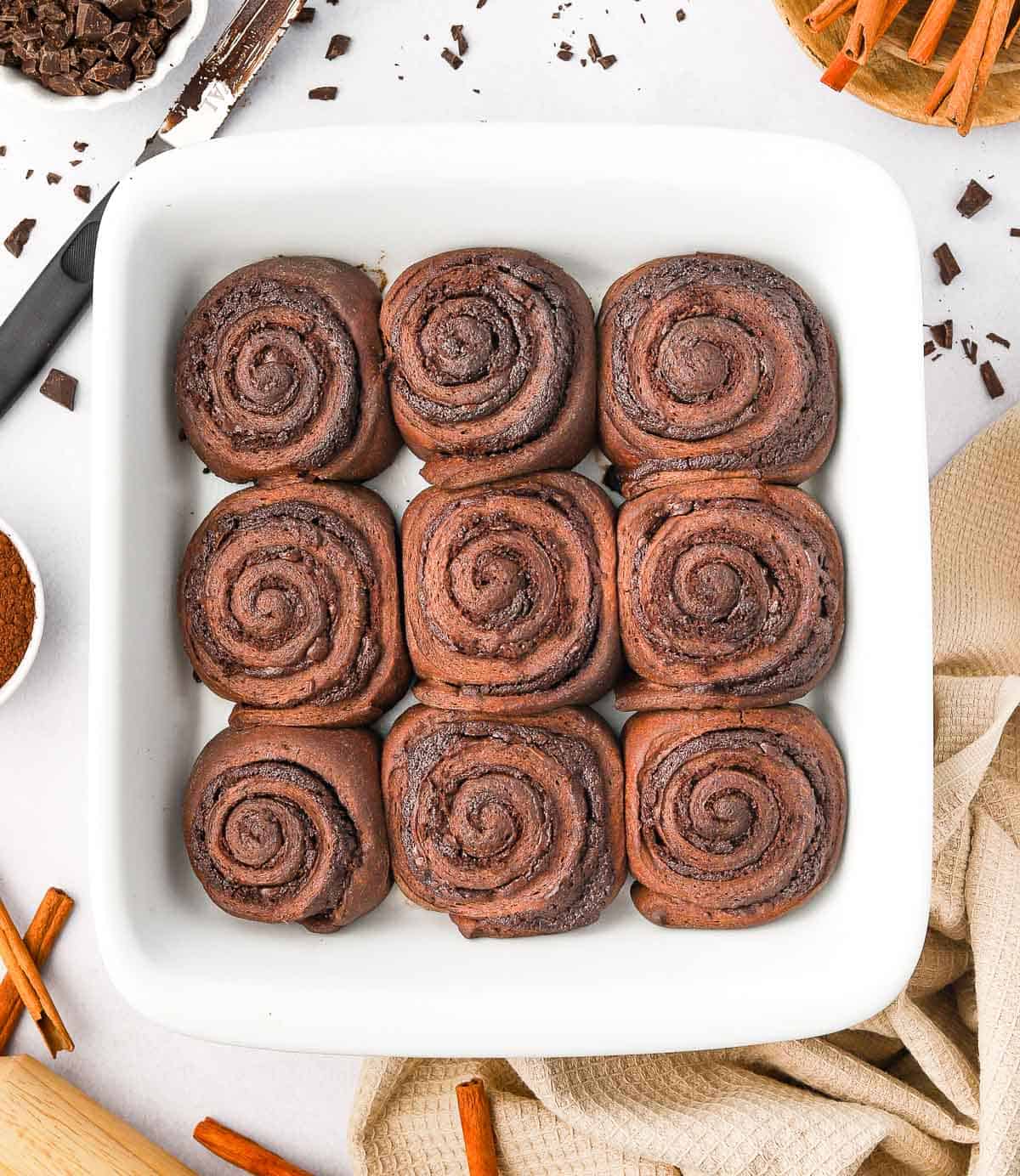 Baked chocolate rolls seen from above.