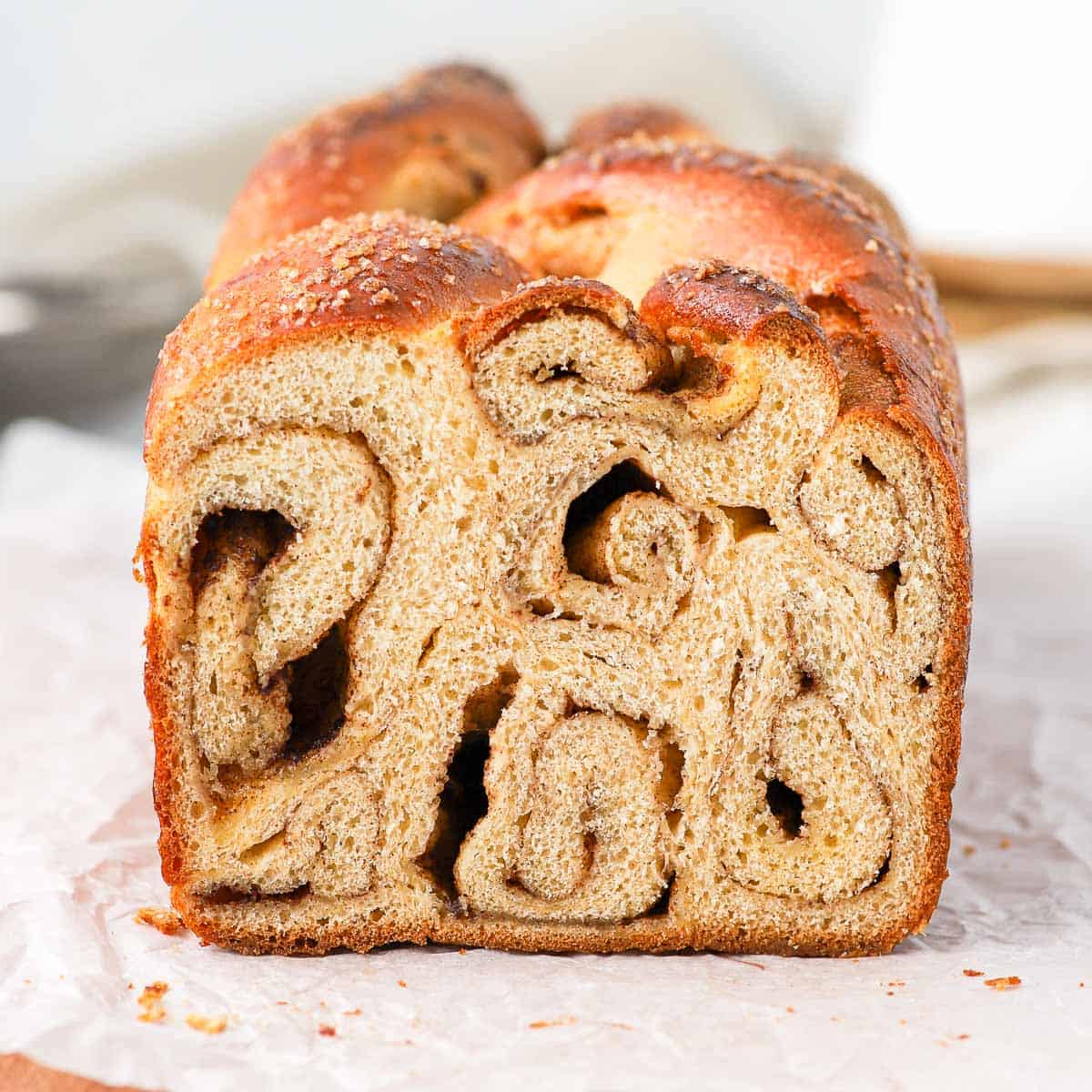 Crumb shot of the cinnamon roll bread.