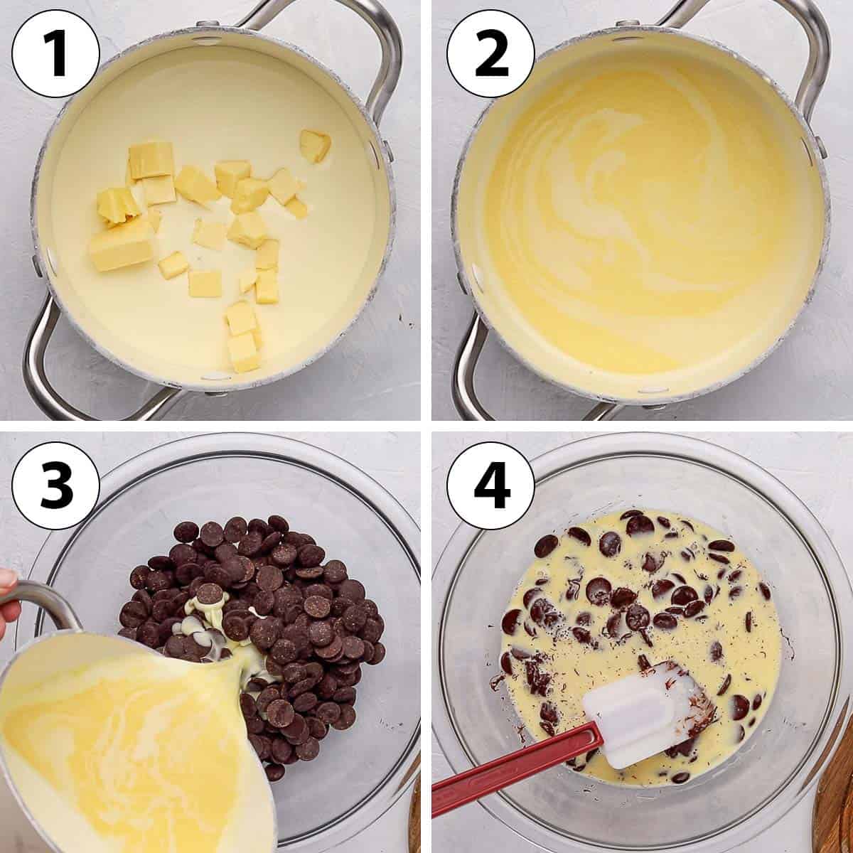 Process Shot Collage: heating up the cream and butter and melting the chocolate.