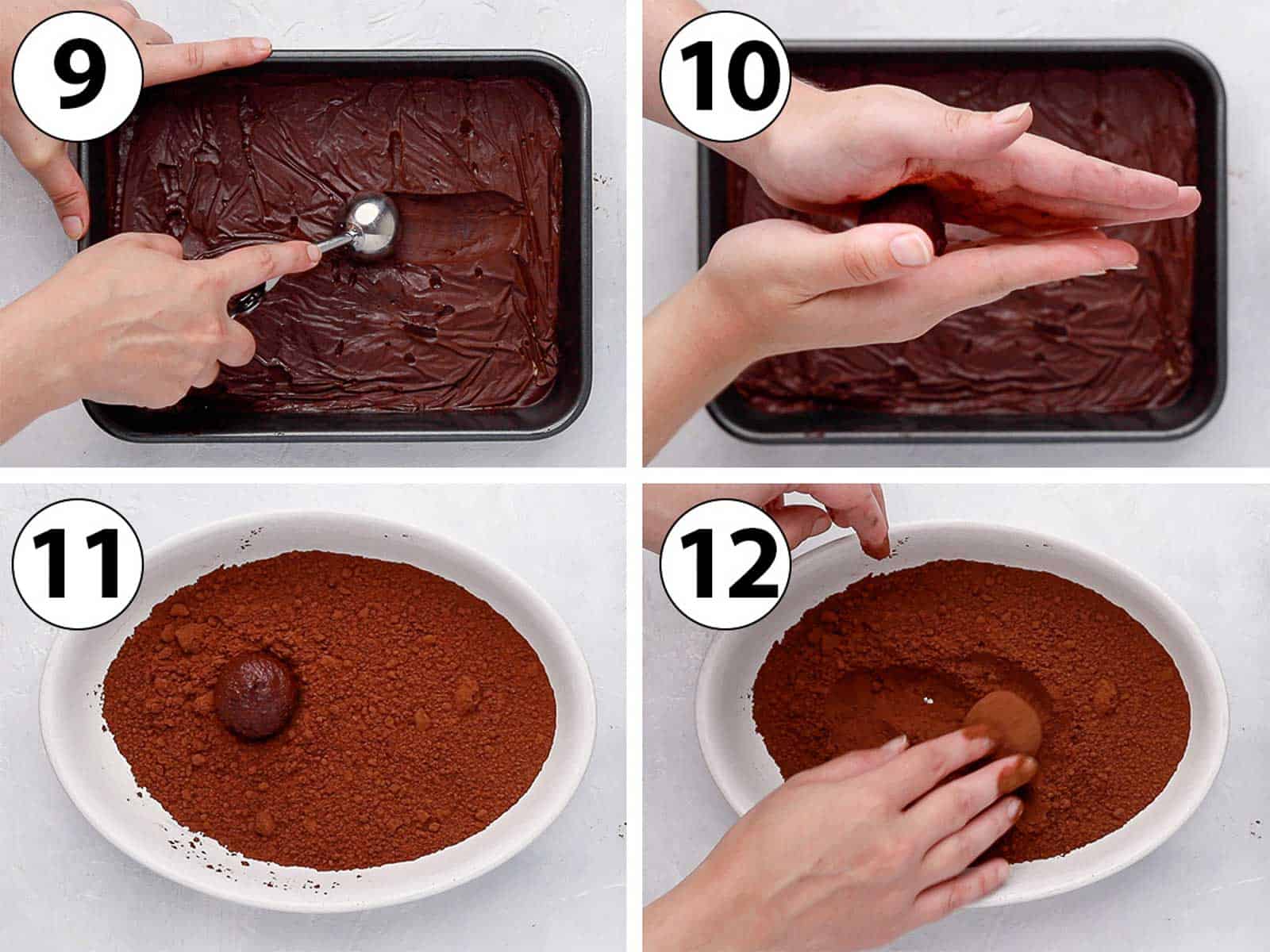 Process Shot Collage: rolling the mixture into balls and rolling them in cocoa powder.