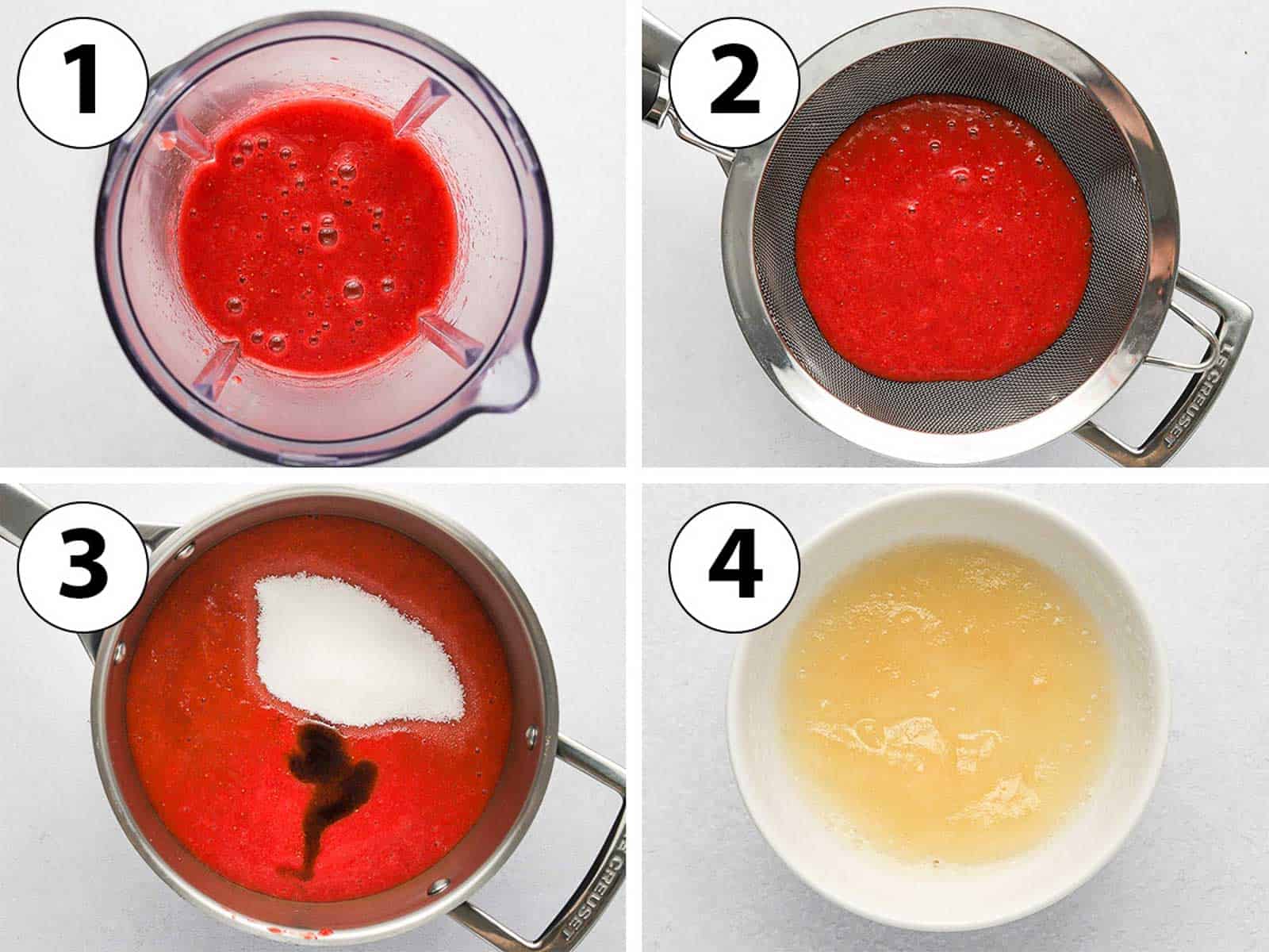 Process Shot Collage: blending the strawberries, adding the rest of ingredients and preparing the gelatine.