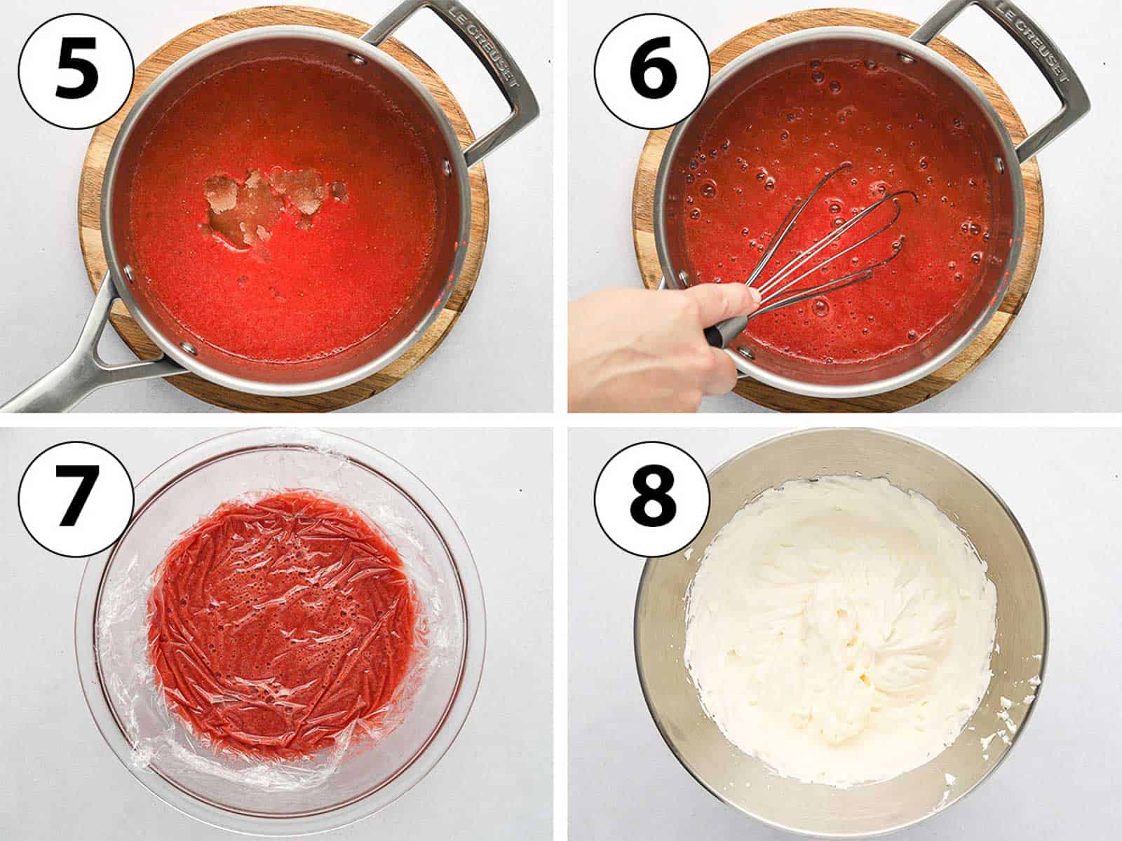 Process Shot Collage: cooking the strawberry puree and whipping the cream.