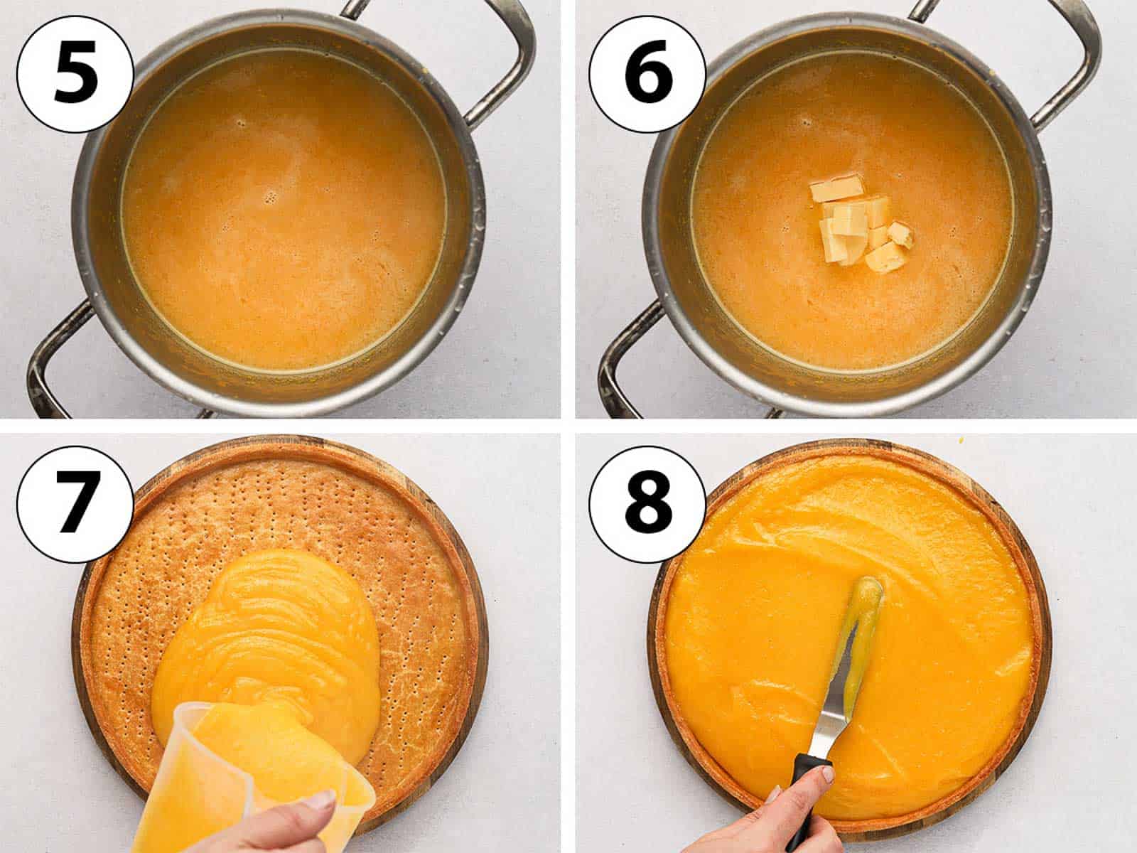 Process Shot Collage: making the lemon curd filling and adding it to the crust.