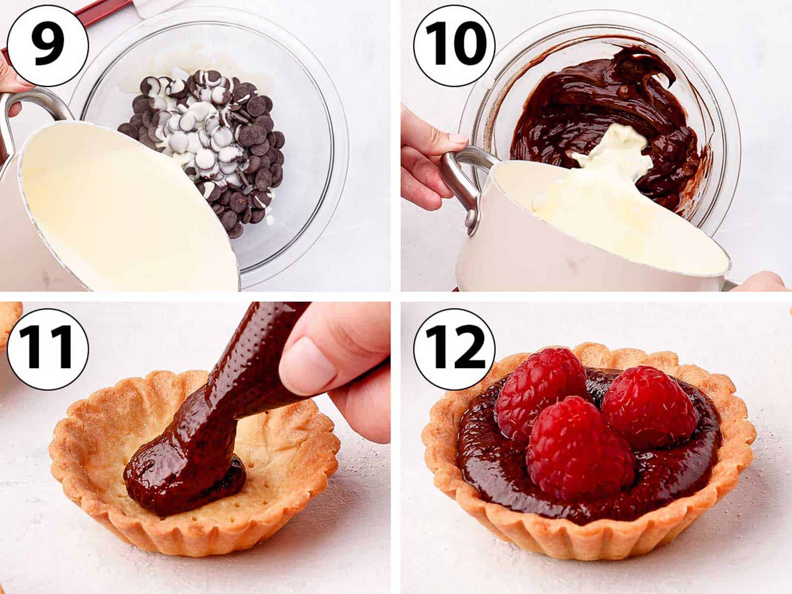 Process Shot Collage: making the chocolate ganache filling and assembling the tartlets with the raspberries.