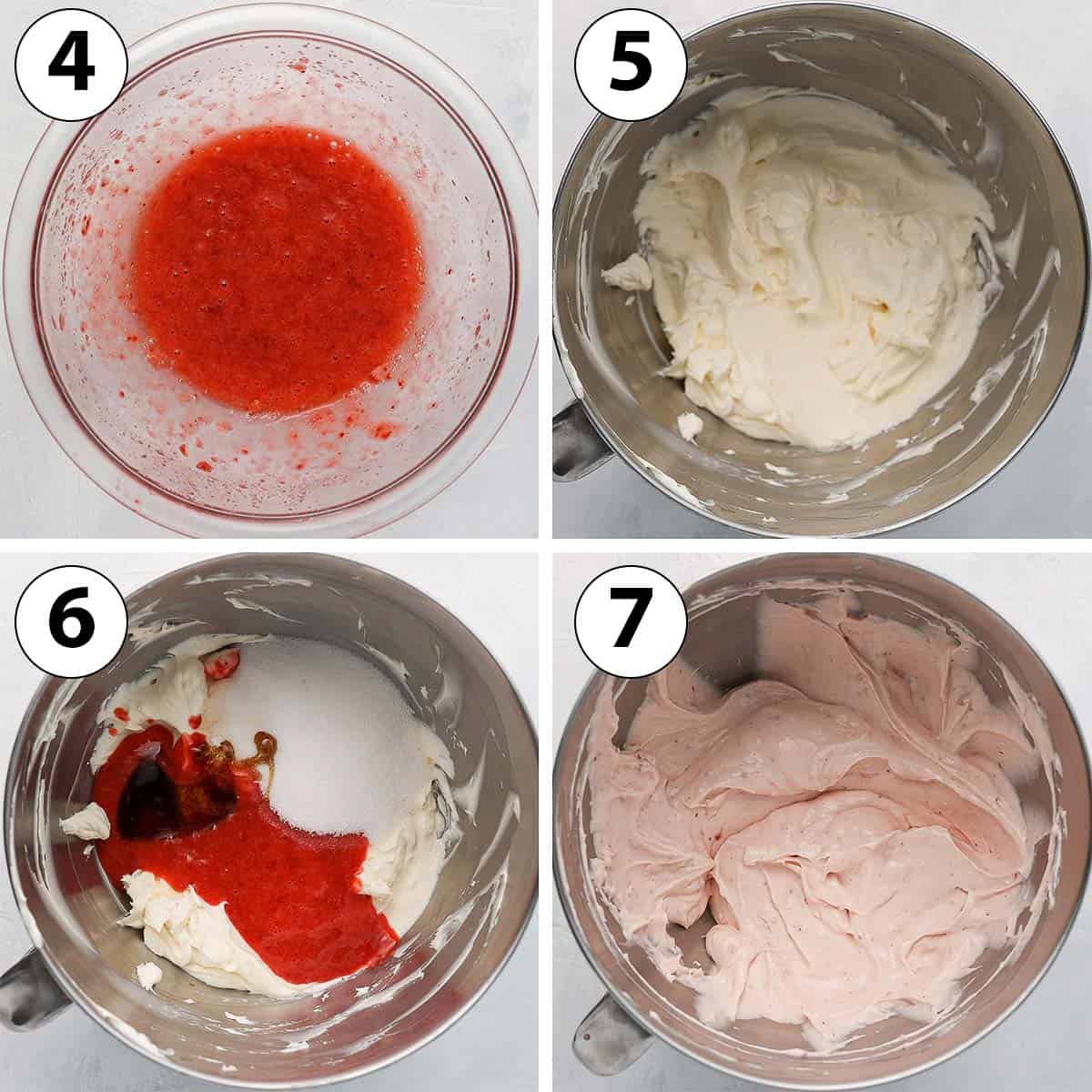 Process Shot Collage: making the strawberry puree and mixing the cheesecake batter ingredients.