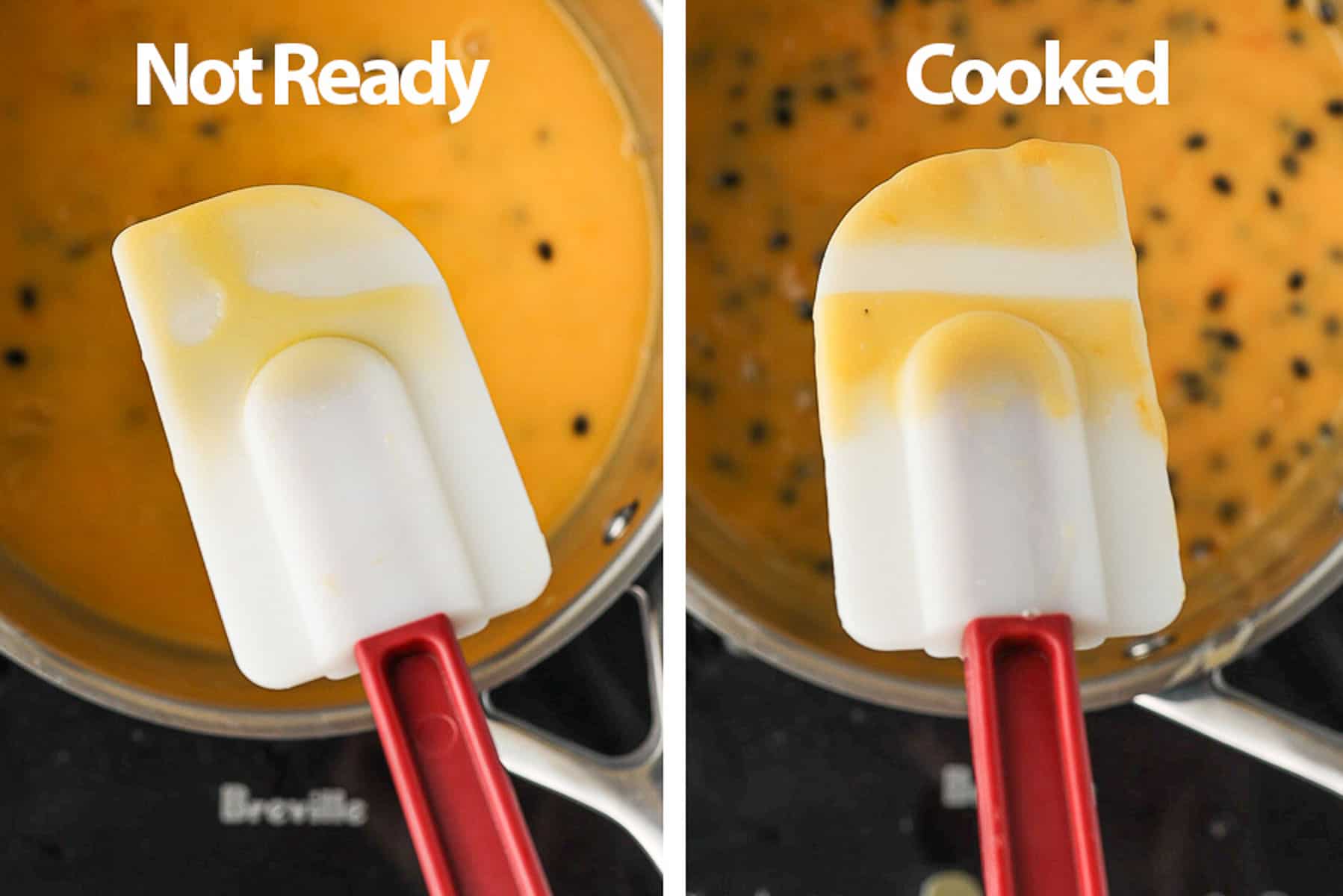 Coating a spatula to see if the curd is done.