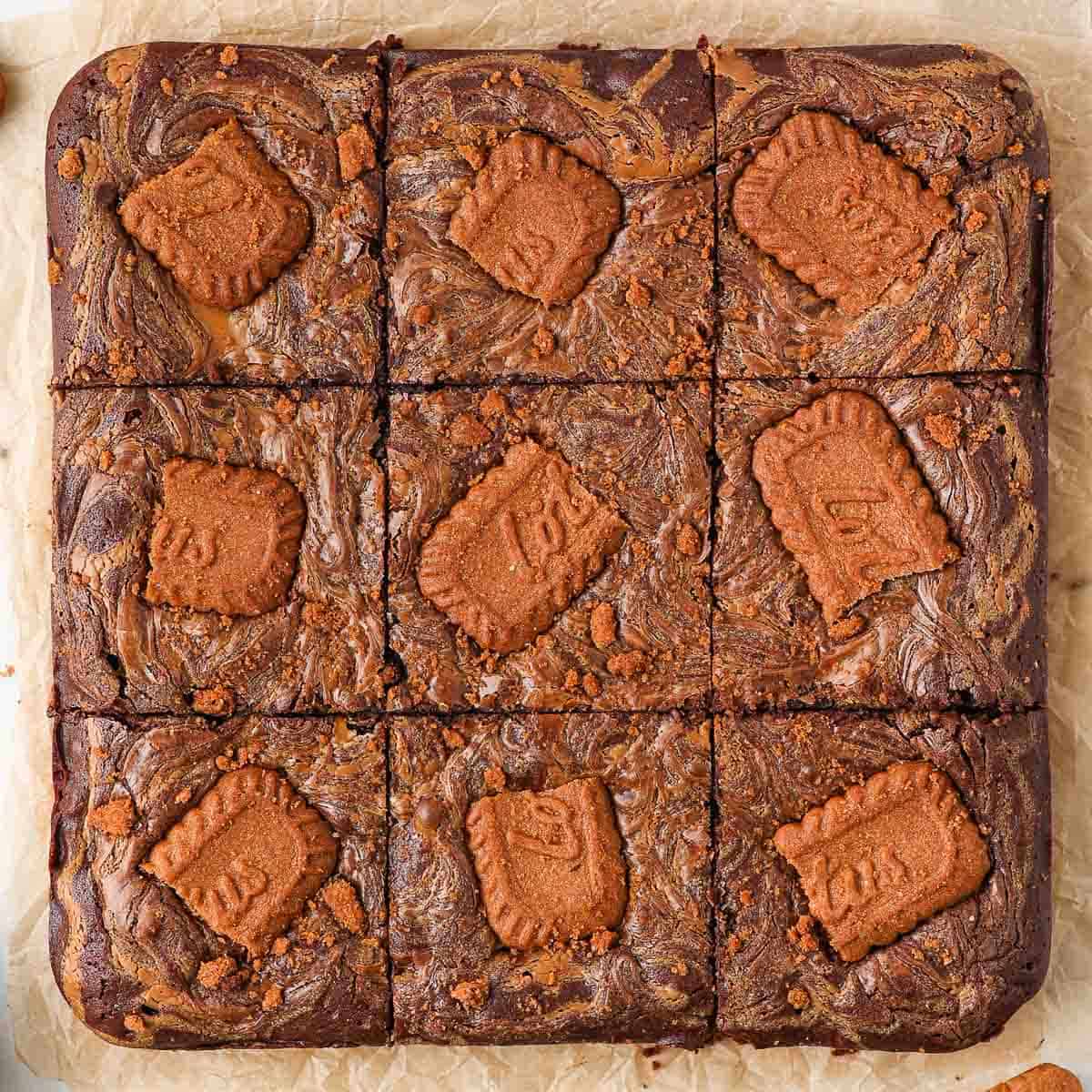 Biscoff Brownie sliced into 9 pieces, seen from above