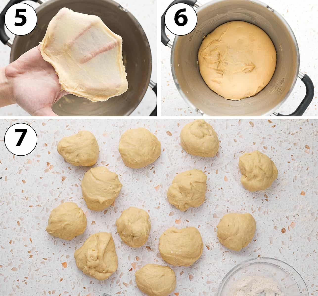 Process Shot Collage: kneading and proofing the dough, then cutting it in 12 pieces.