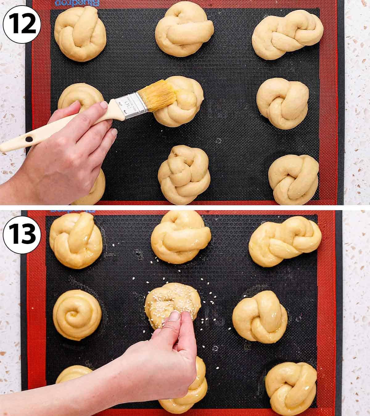 Process Shot Collage: brushing the rolls with egg wash and topping them with sesame seeds.