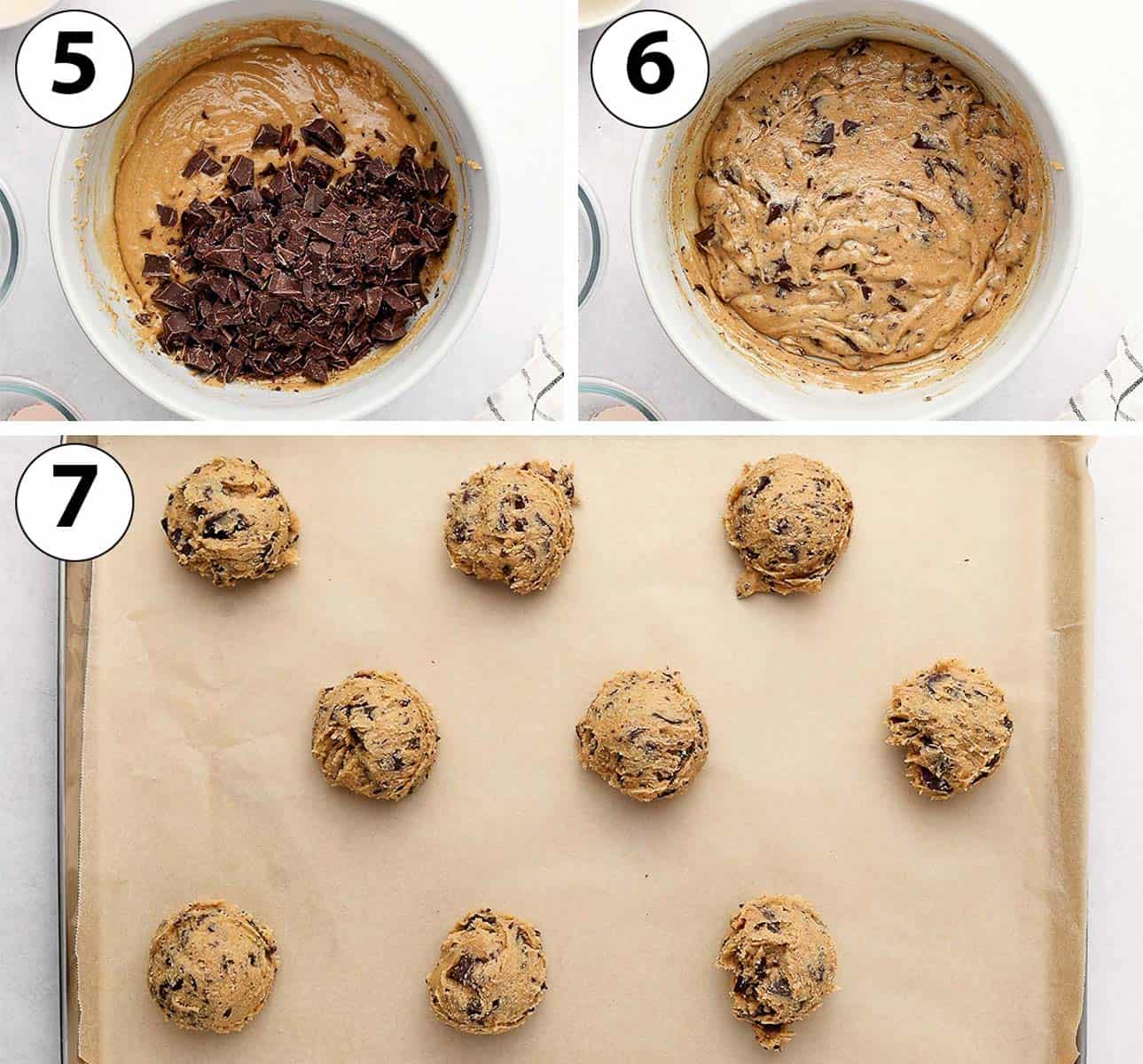 Process Shot Collage:mixing in the chocolate chunks and scooping the cookie dough on a baking tray.