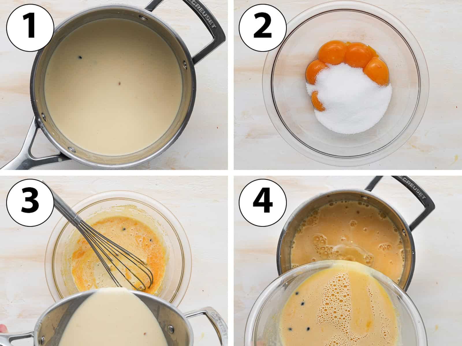 Process Shot Collage: making the passion fruit custard mixture in a saucepan.