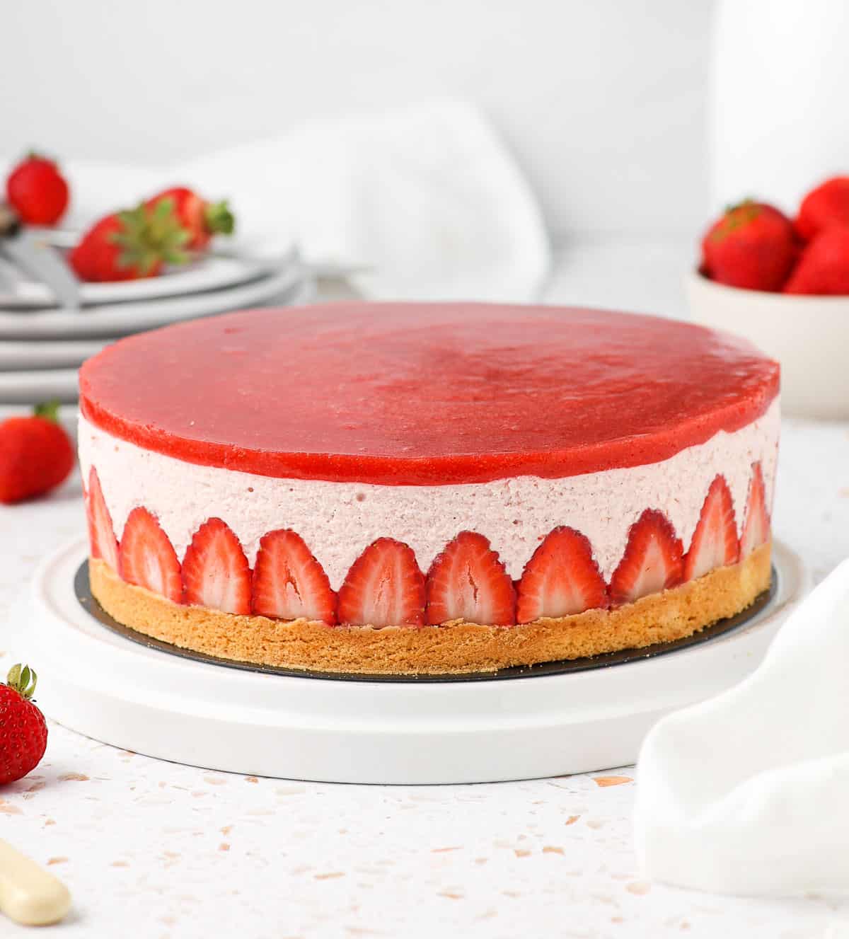 Strawberry Cake on a large white plate.