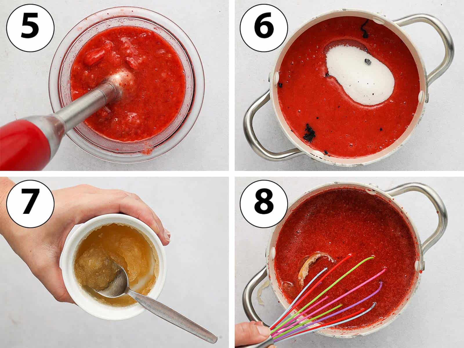 Process Shot Collage: heating up the strawberry mixture in a saucepan and mixing in the gelatine.